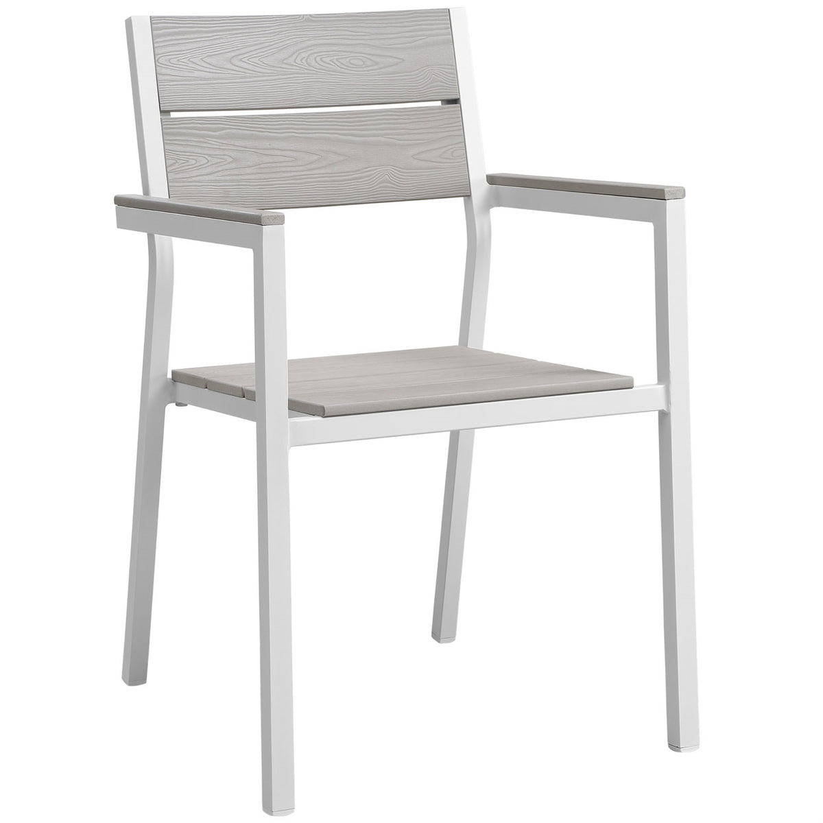 Maine Outdoor Patio Dining Arm Chair - Synthetic Wood Grain Plank Boards, Powder-Coated Aluminum Frame - Contemporary Design, Lu