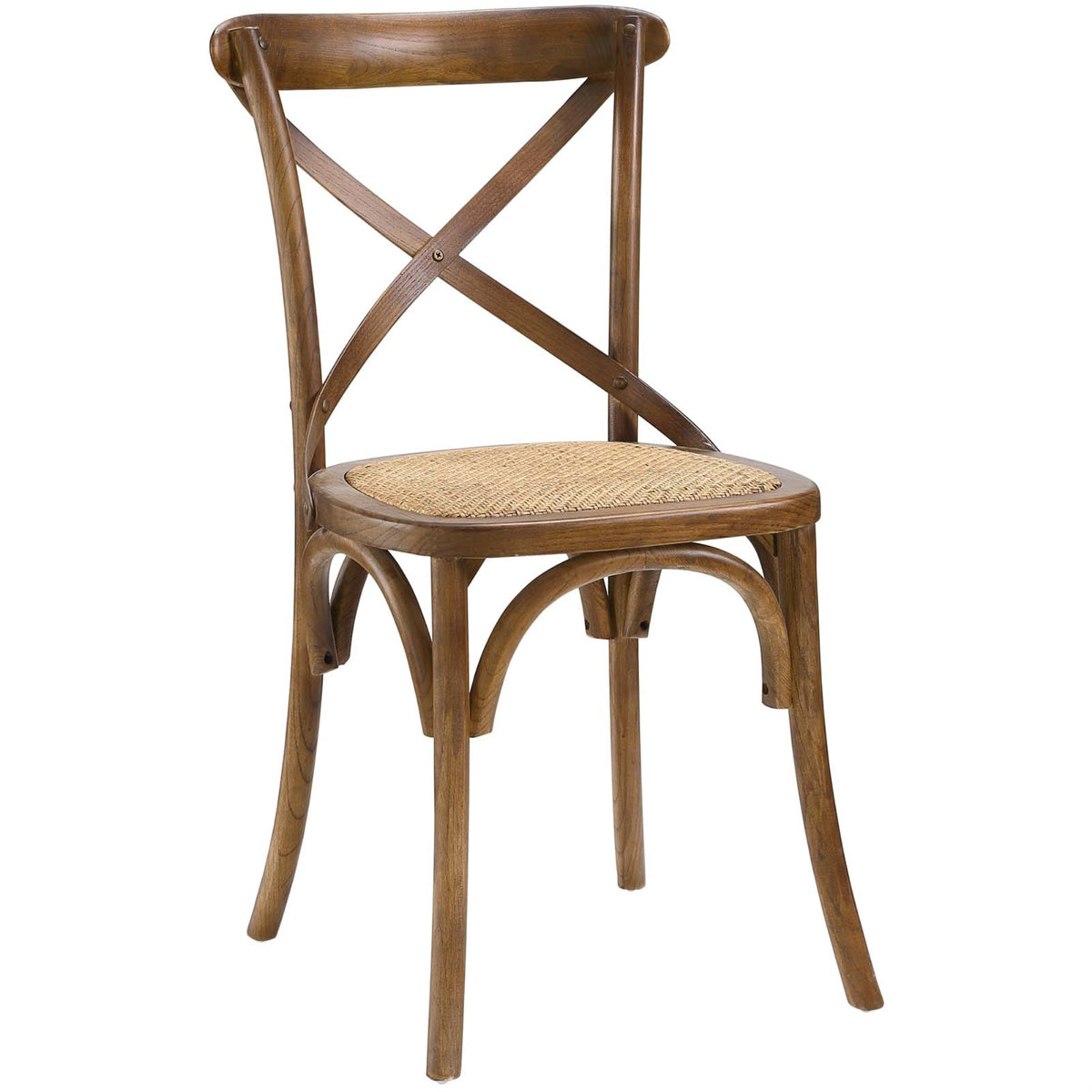 Rustic Allure: Gear Dining Side Chair - Walnut. Nostalgic charm meets contemporary style with open wooden backrest and tapered l