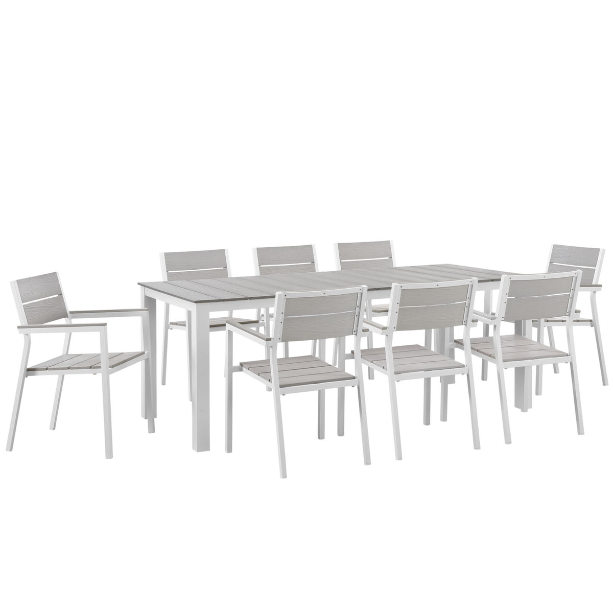Maine Outdoor Patio Dining Furniture Collection - Synthetic Wood Grain Plank Boards, Aluminum Frame - 9 Piece Set, White Light G
