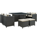 Sojourn 9 Piece Outdoor Patio Sunbrella Dining Set  Antique Canvas Beige