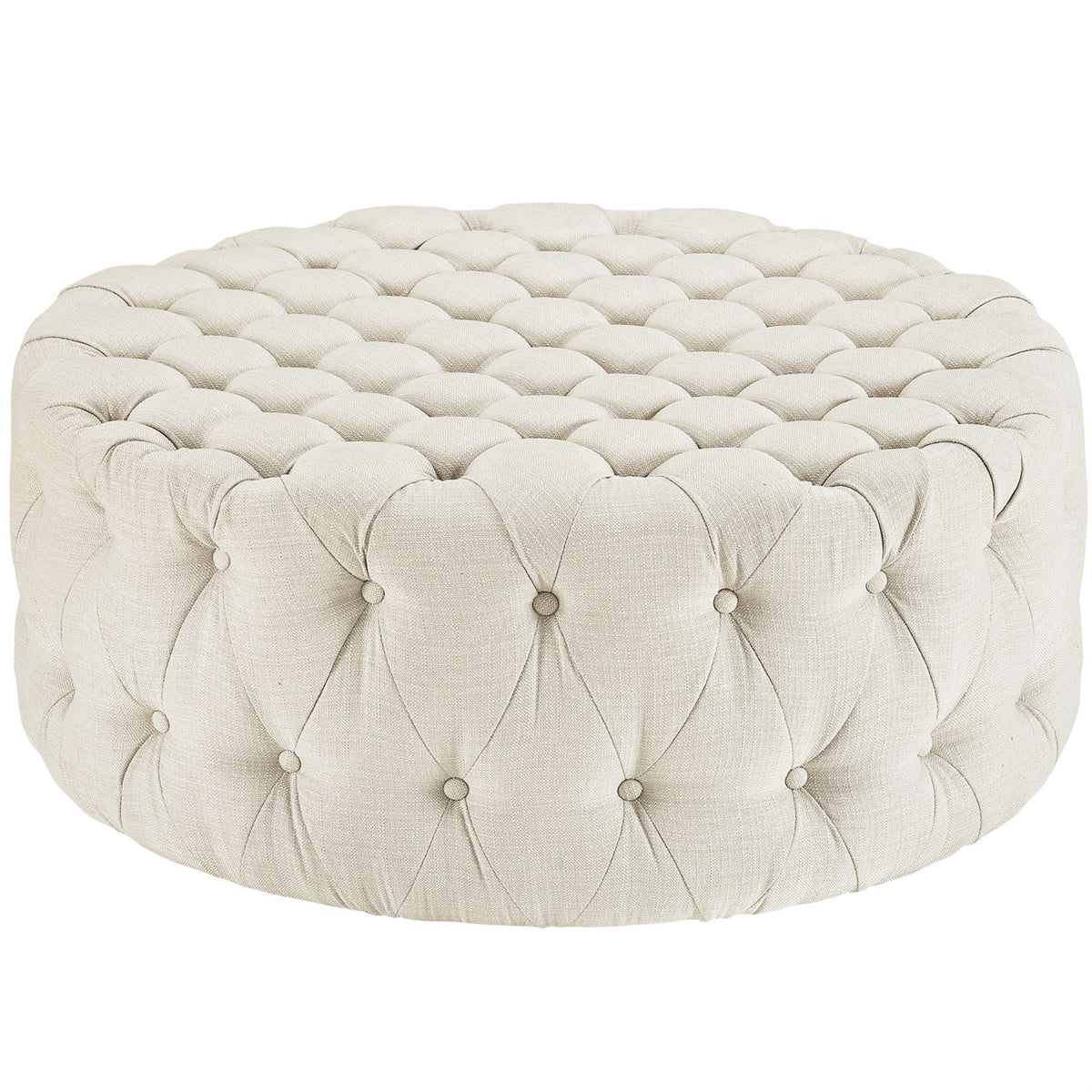 Amour Round Ottoman - Elegant Tufted Design, Plush Foam Padding, High-Quality Fabric Upholstery, Sturdy Black Plastic Legs. Perf
