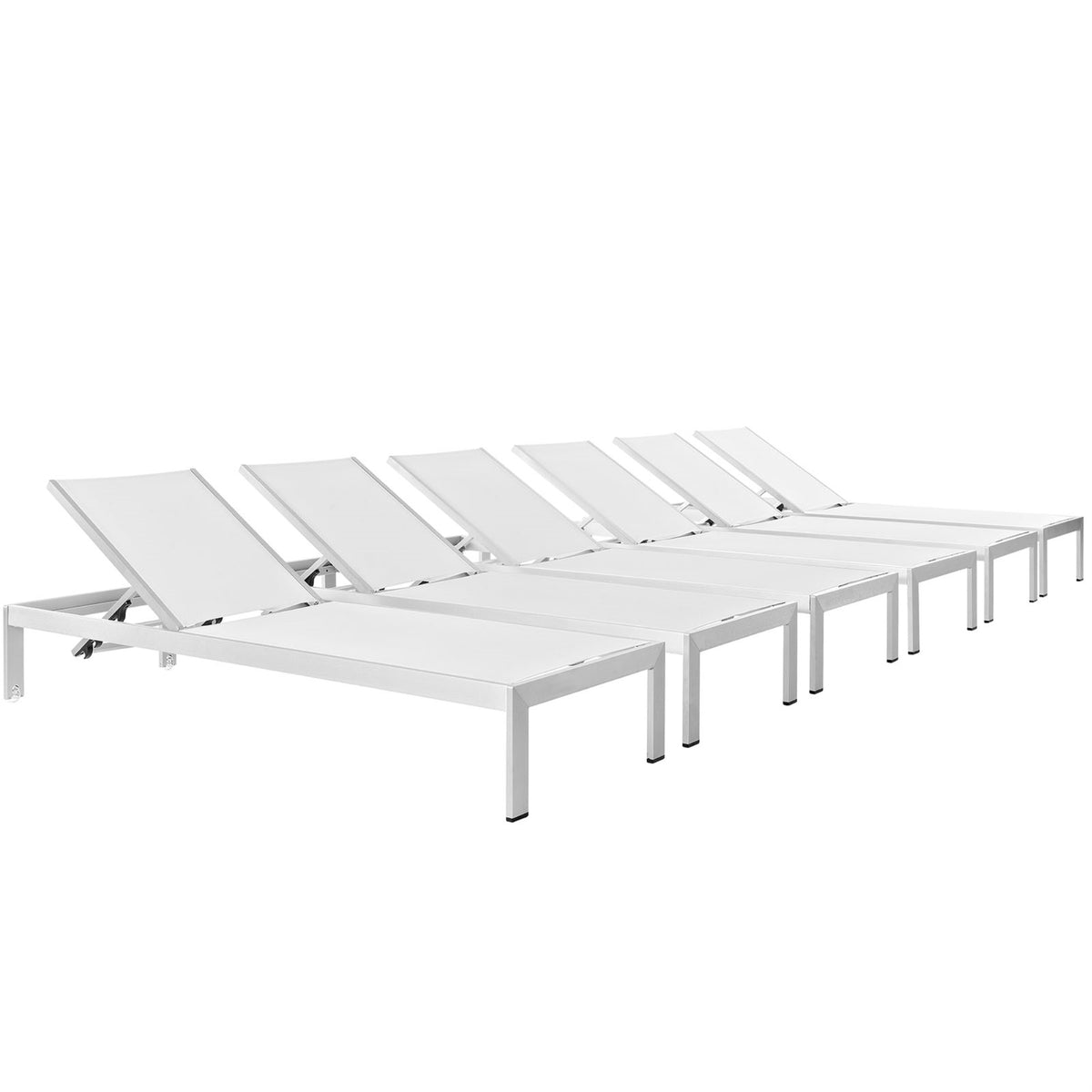 Shore Outdoor Patio Chaise Lounge Set - Sleek Design, Aluminum Frame, Clear Wheels, 6 Lounges, Silver White