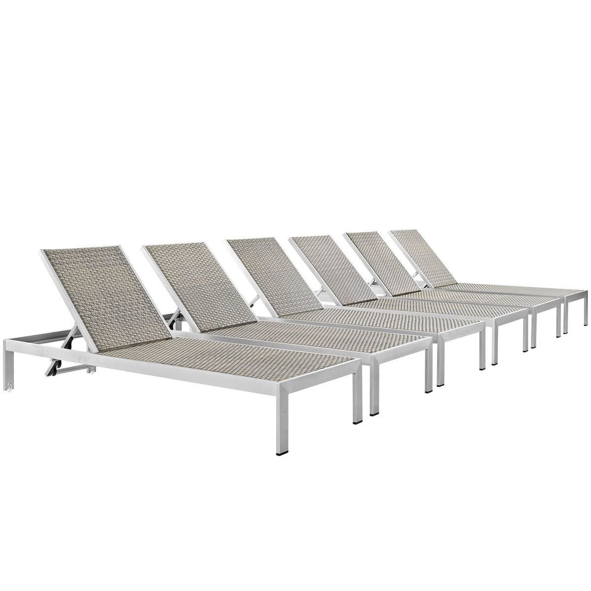 Shore Outdoor Patio Chaise Lounge Set - Wicker Rattan, Aluminum Frame, Easy Assembly, Clear Wheels, 6 Loungers, Chic & Minimalis