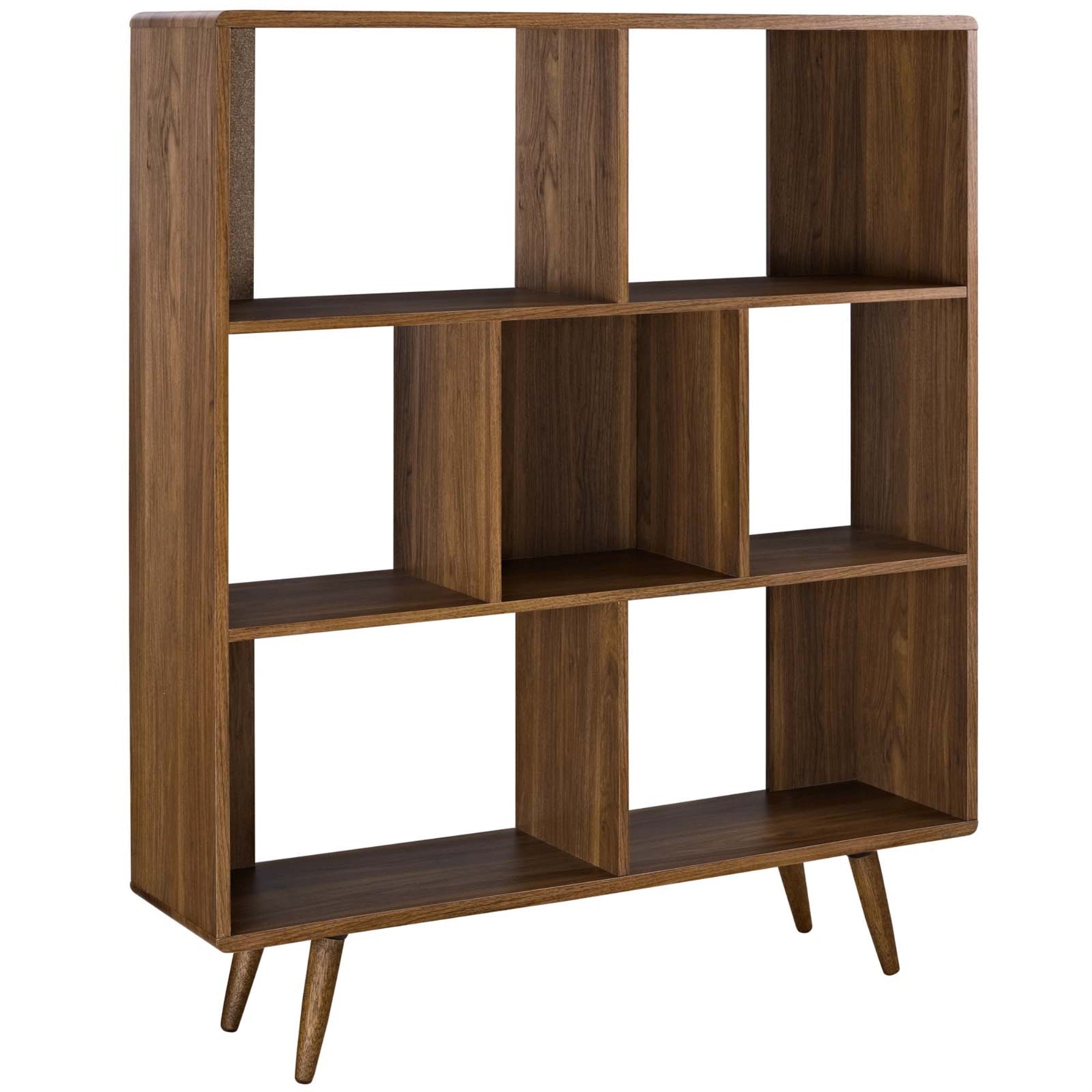 Transmit Walnut Grain Laminate Bookcase - Stylish Mid-Century Design, 3-Tiered with Offset Shelf Dividers, Perfect for Living Ro
