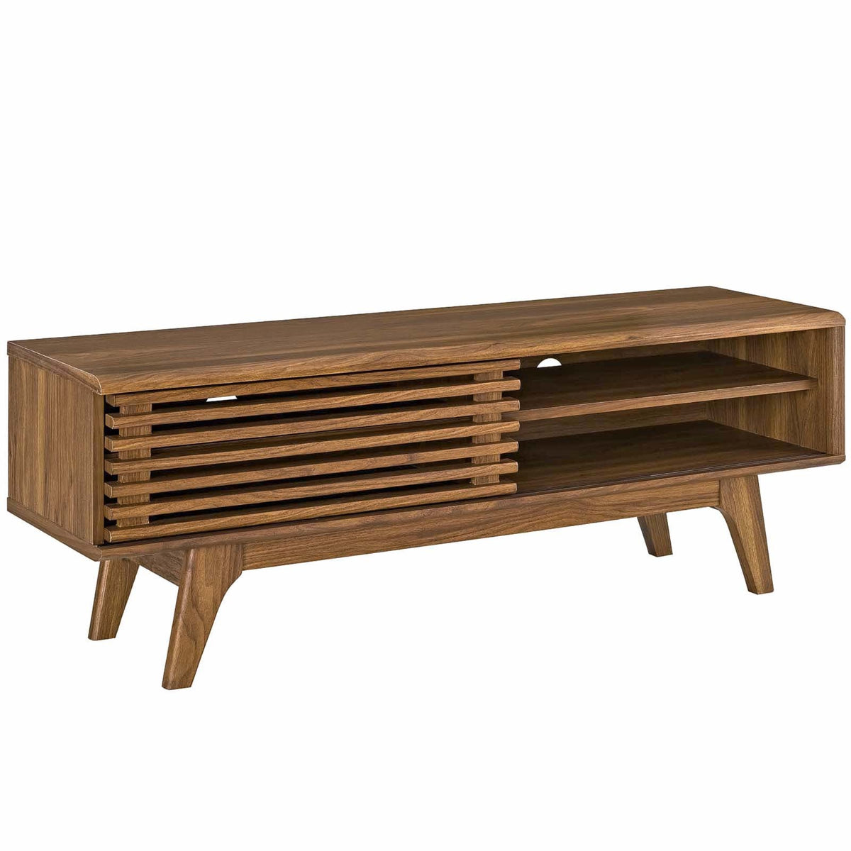Mid-Century Charm: Render 48 TV Stand - Walnut | Sturdy Frame, Elegant Design | Slatted Sliding Door, Ample Storage | Cable Mana