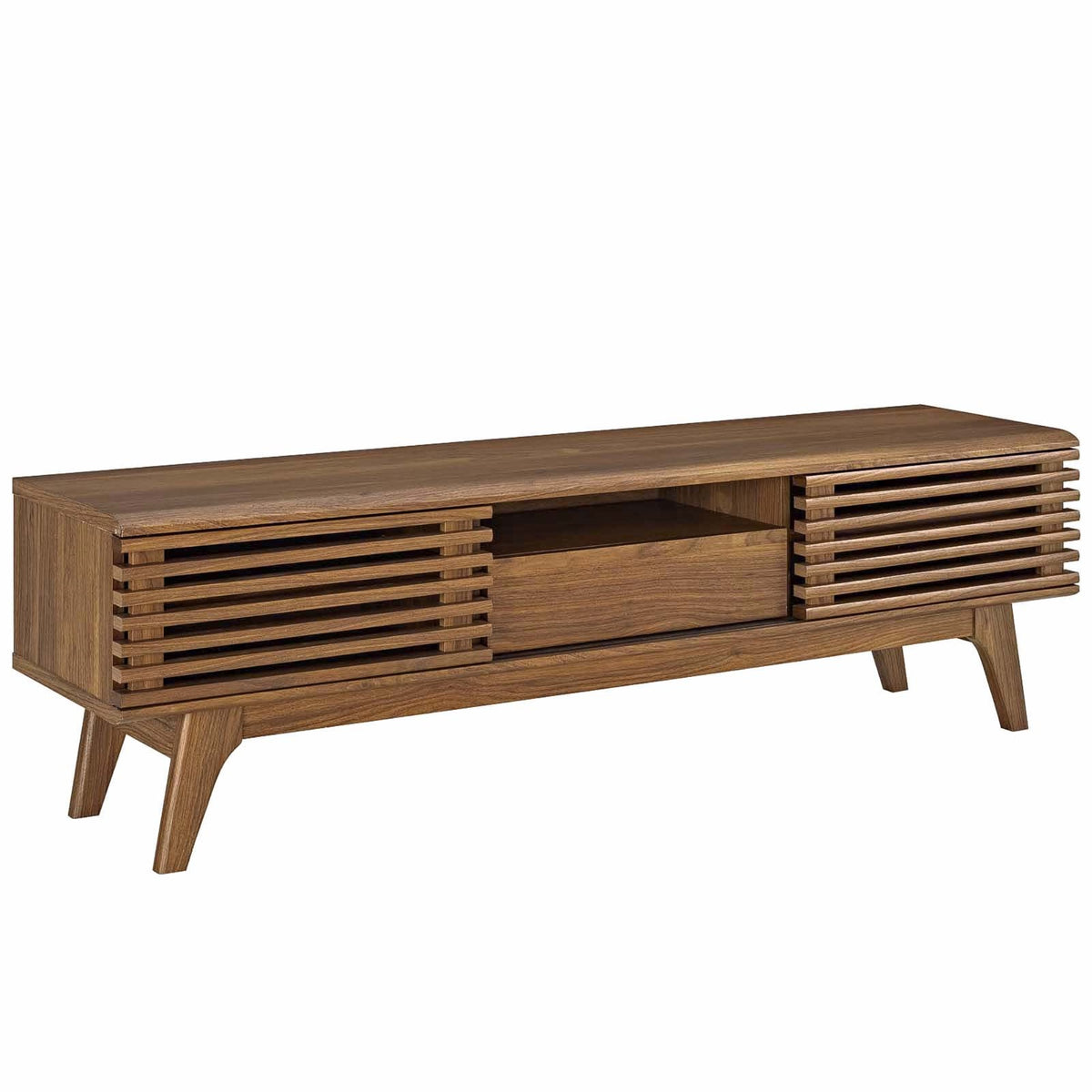 'Mid-Century Charm: Render 59 TV Stand - Walnut | Durable Frame, Adjustable Shelves, Cable Management | Perfect for Modern Livi