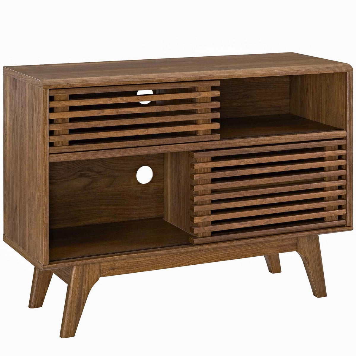 Mid-Century Render Display Stand with Adjustable Shelf, Sliding Doors, and Cable Management - Walnut Grain Laminate - Ideal for 