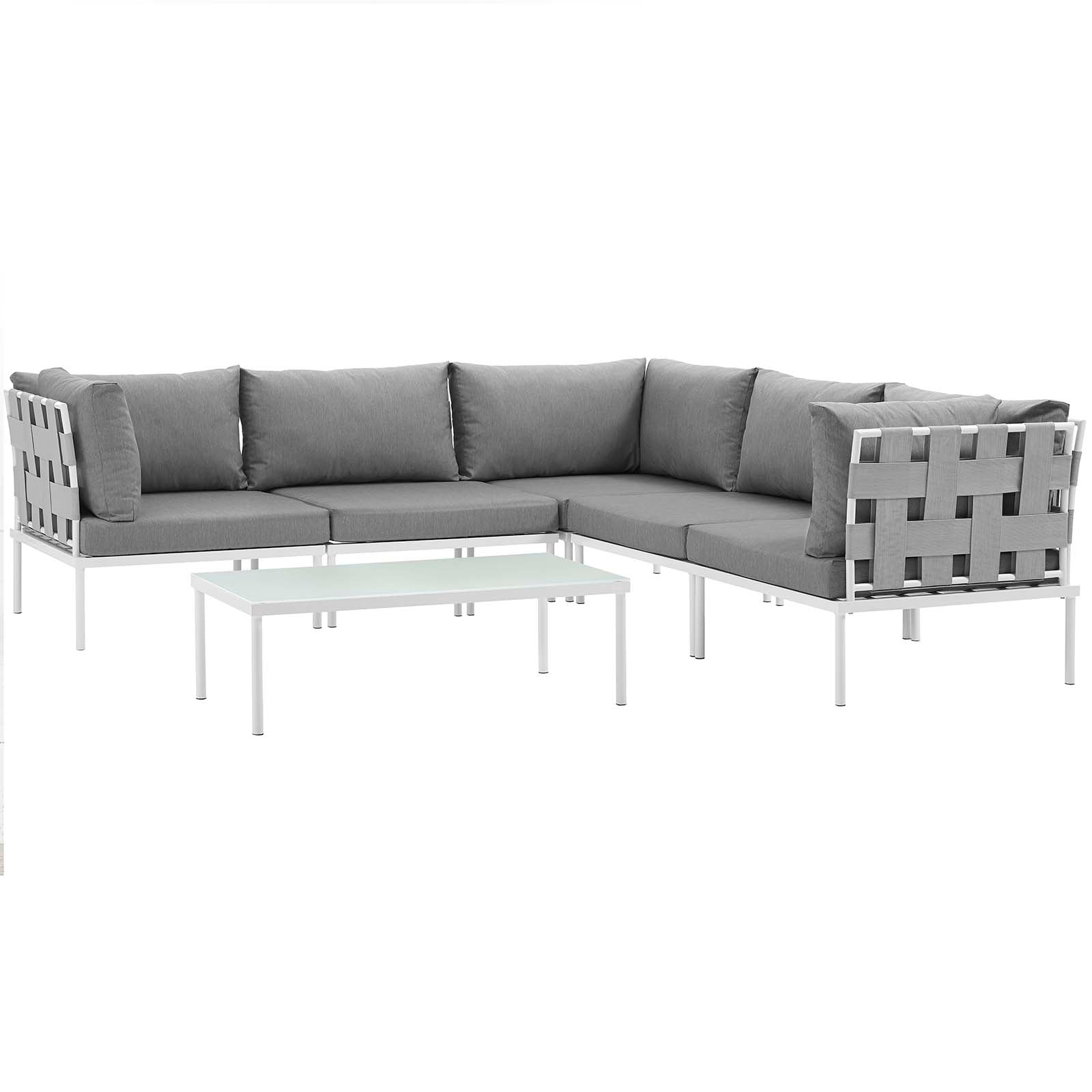 Harmony 6 Piece Outdoor Patio Aluminum Sectional Sofa Set  White Gray