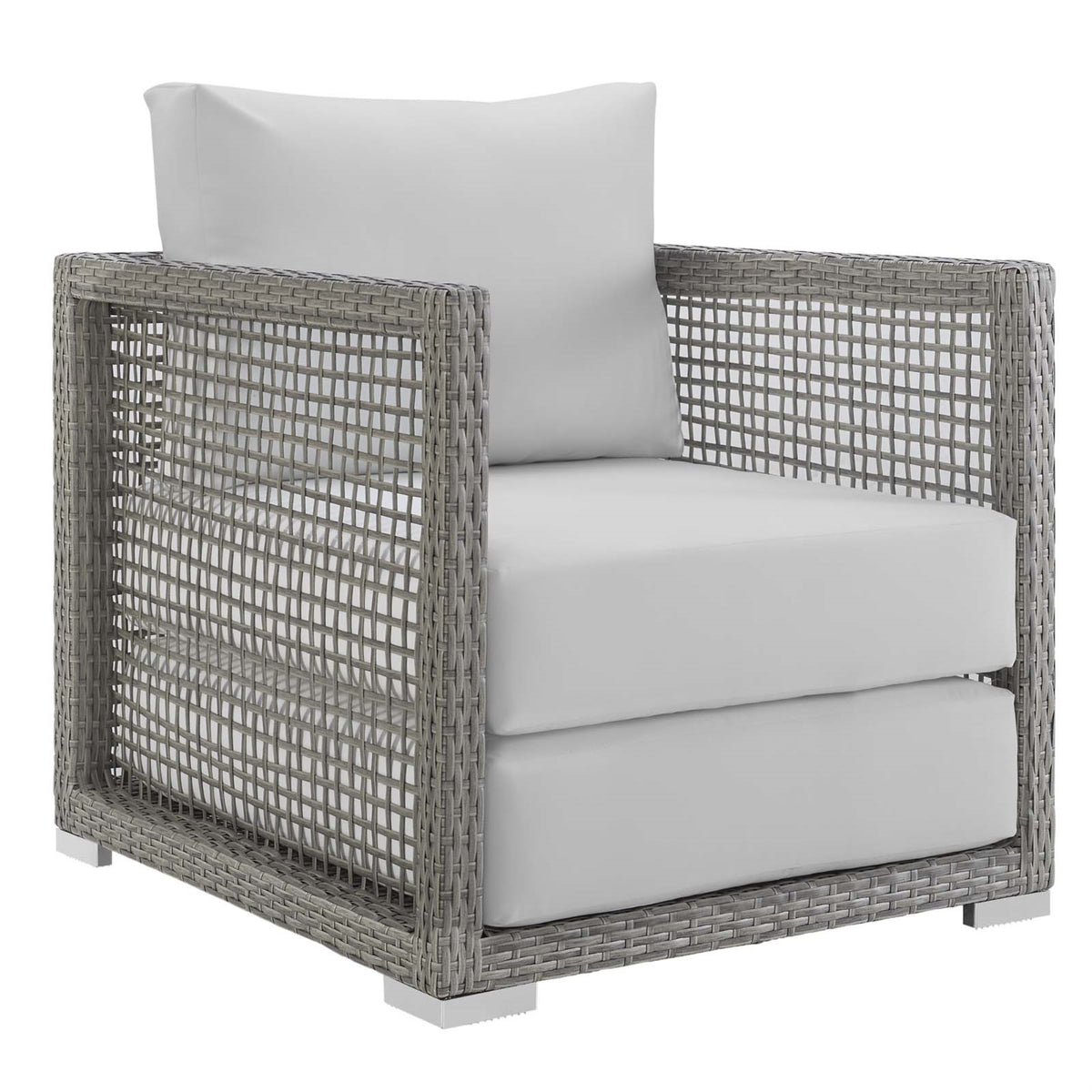 Aura Outdoor Patio Armchair - Gray-on-Gray Wicker Rattan, Aluminum Frame, All-Weather Cushions, Comfortable & Stylish, Fully Ass