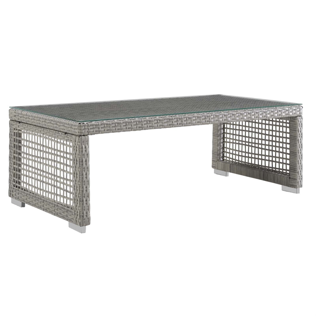 Aura Outdoor Patio Coffee Table - Gray Wicker Rattan Weave, Tempered Glass Top, Aluminum Frame - Versatile & Elegant Furniture f