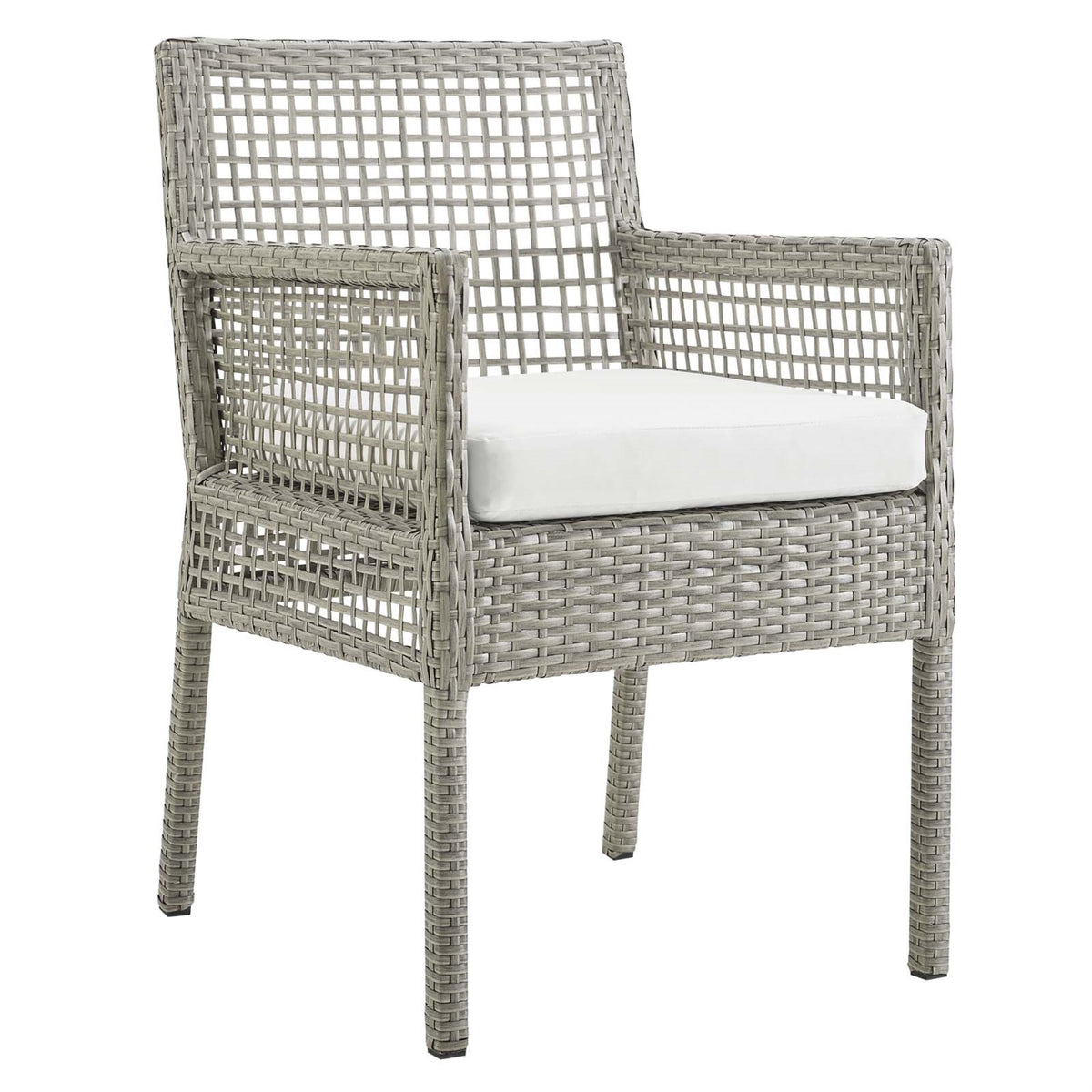 Aura Outdoor Patio Dining Arm Chair - Gray-on-Gray Wicker Rattan, Aluminum Frame, All-Weather Cushion, Non-Marking Foot Caps