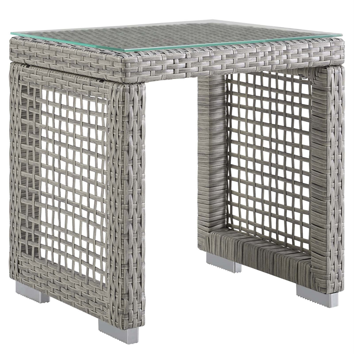 Aura Outdoor Patio Side End Table - Gray Wicker Rattan, Aluminum Frame, Tempered Glass Top - Stylish & Functional Addition to Yo