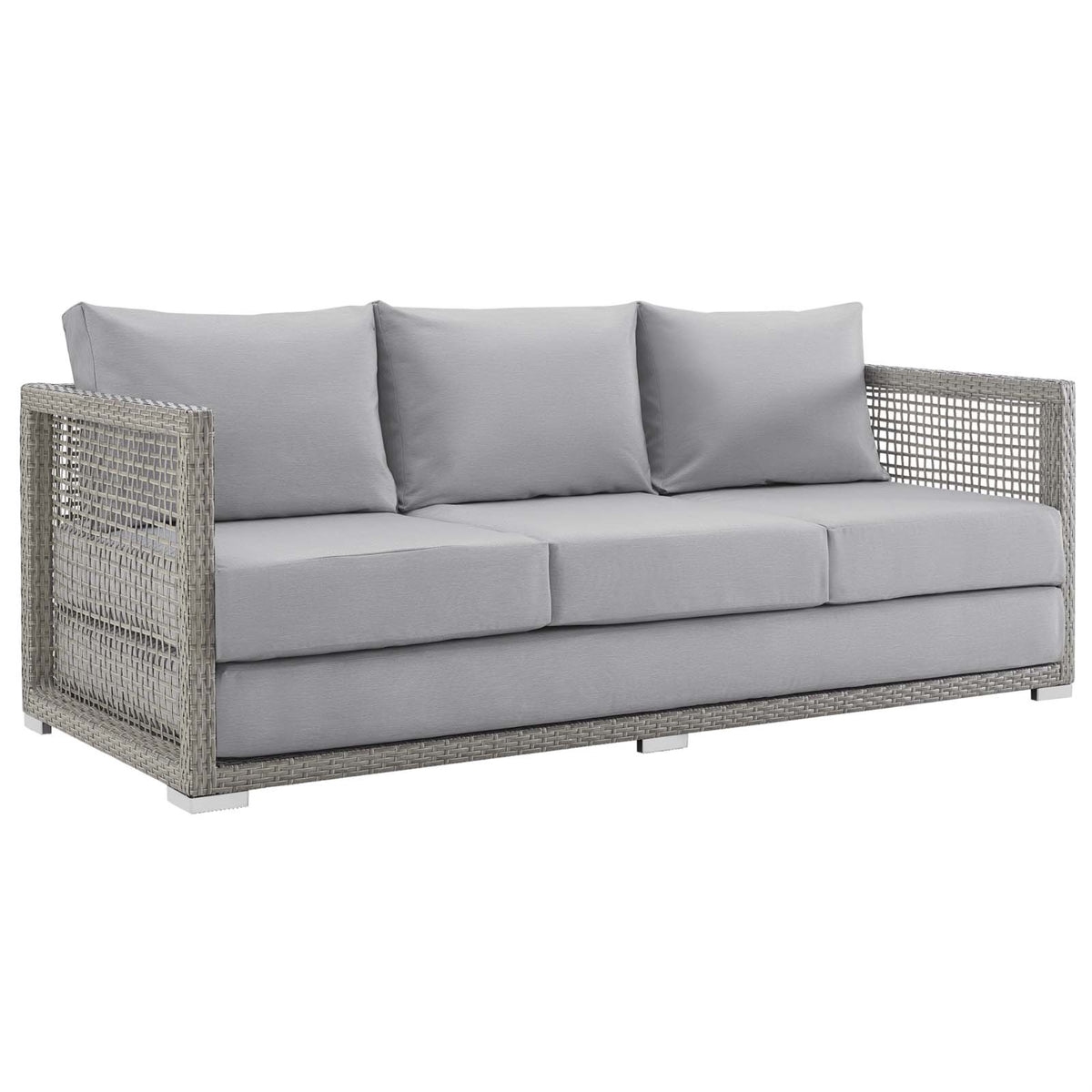 Aura Outdoor Patio Sofa - Synthetic Gray Wicker Rattan, Aluminum Frame, All-Weather Cushions, Comfortable & Stylish - Perfect fo