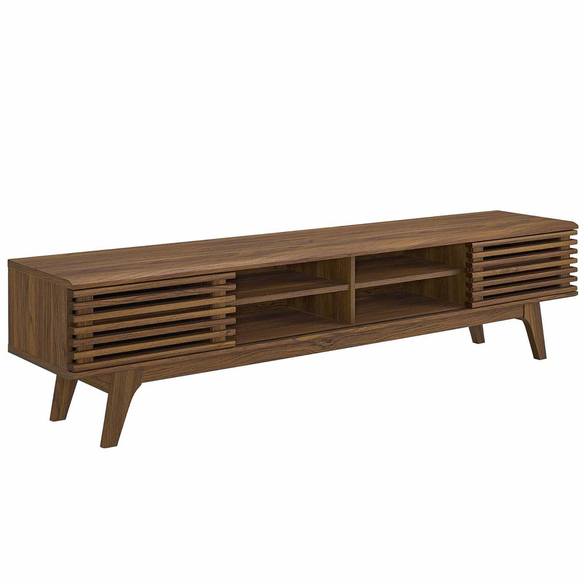 Envision 70 Media Console TV Stand - Mid-Century Design, Sliding White Doors, Cable Management, Walnut Veneer, Fits up to 78'' T