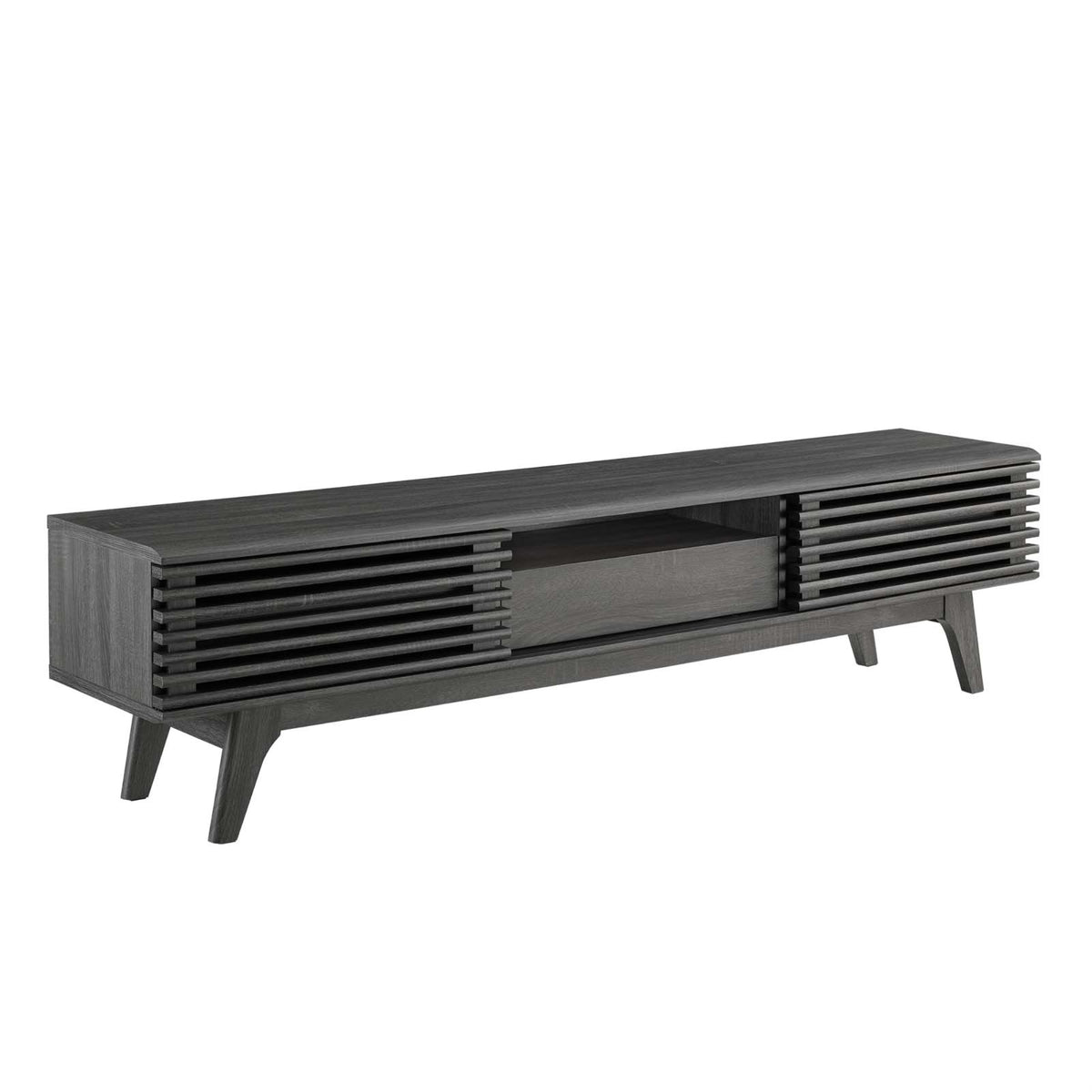 Ergode 70'' TV Stand - Mid-Century Style, Walnut Grain Veneer, Storage Drawer, Adjustable Shelves, Sliding Doors, Cable Manageme