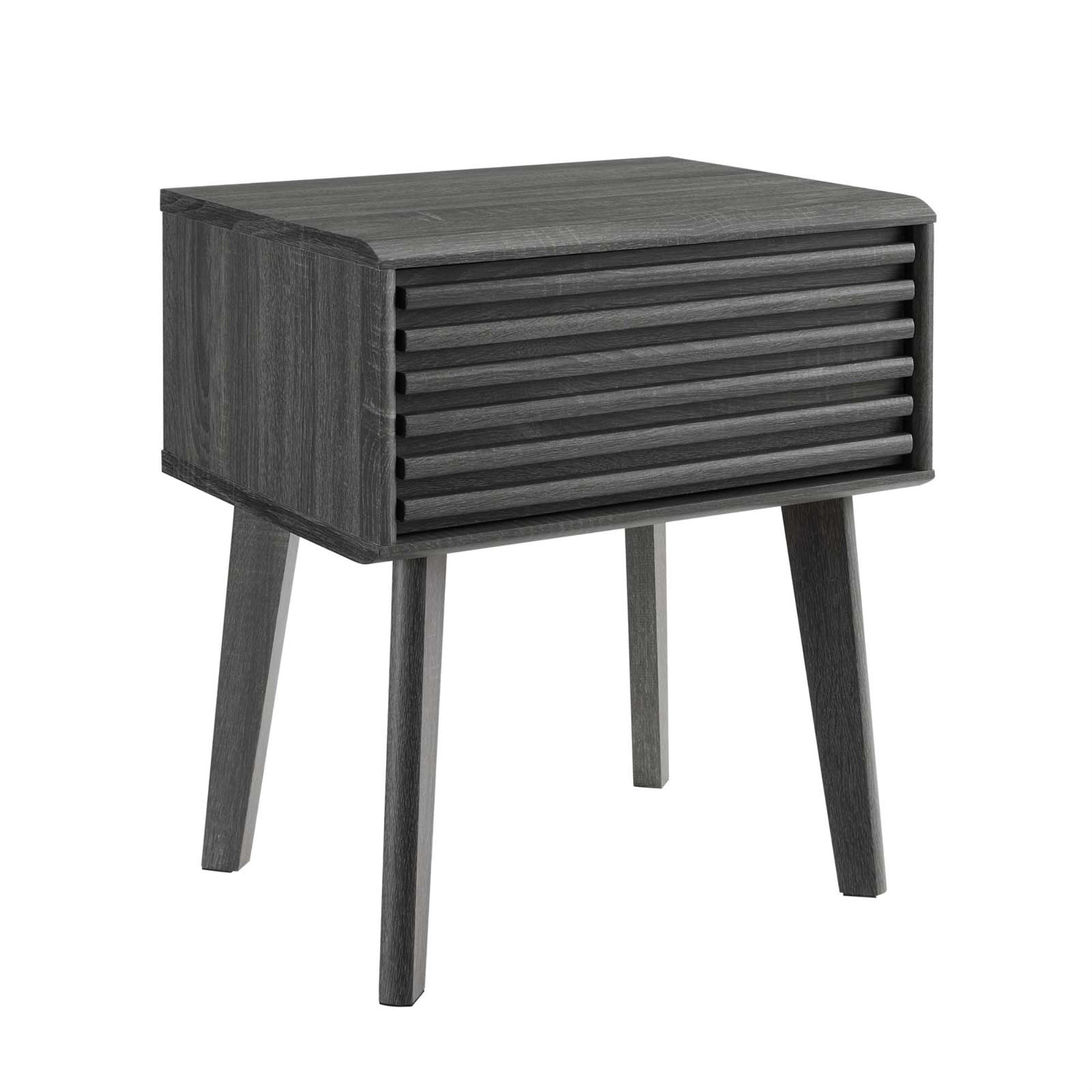 Ergode End Table - Mid-Century Modern Design, Walnut Grain Laminate, Tapered Legs, Storage Drawer - Stylish & Functional