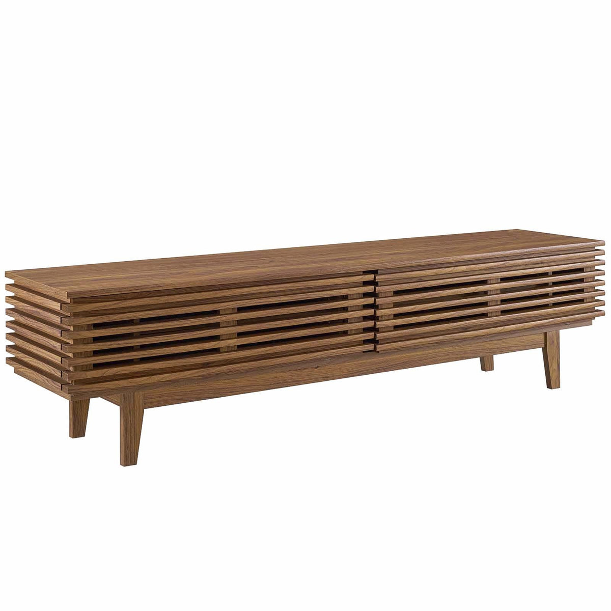 Render 71'' TV Stand - Mid-Century Modern Walnut Media Storage with Adjustable Shelves, Cable Management, and Easy Access Doors.