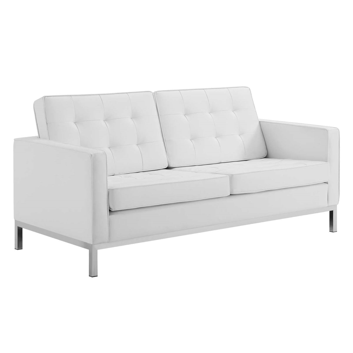 Loft Button Tufted Faux Leather Loveseat - Modern Design, Stainless Steel Frame, Non-Marking Foot Caps - Silver White