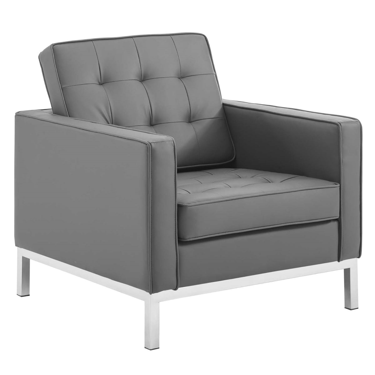 Loft Button Tufted Faux Leather Accent Armchair - Silver Gray, Modern Design, Stainless Steel Frame, Soft & Durable Upholstery, 