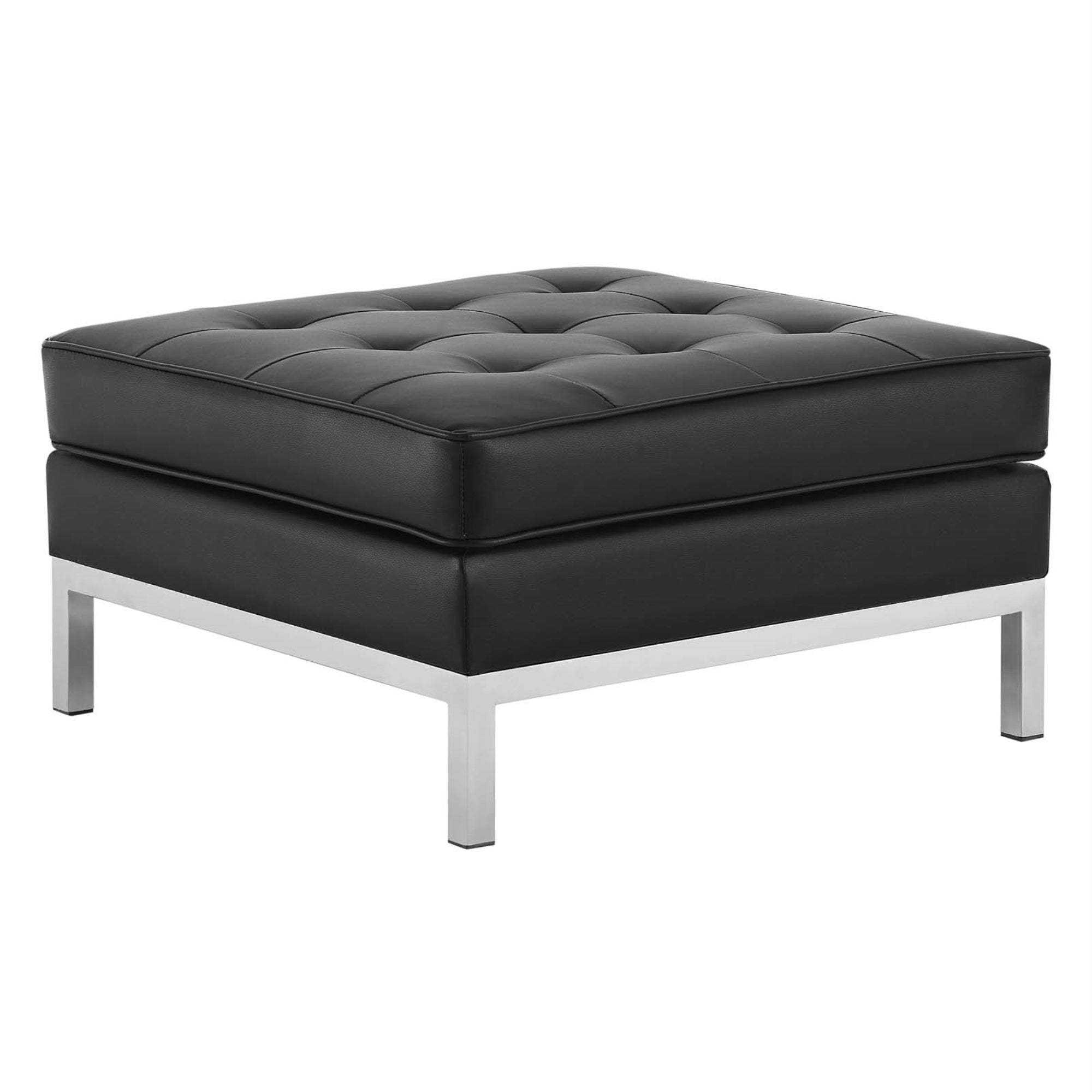 Loft Tufted Faux Leather Ottoman - Contemporary Design, Stainless Steel Frame, Button Tufting - Silver Black