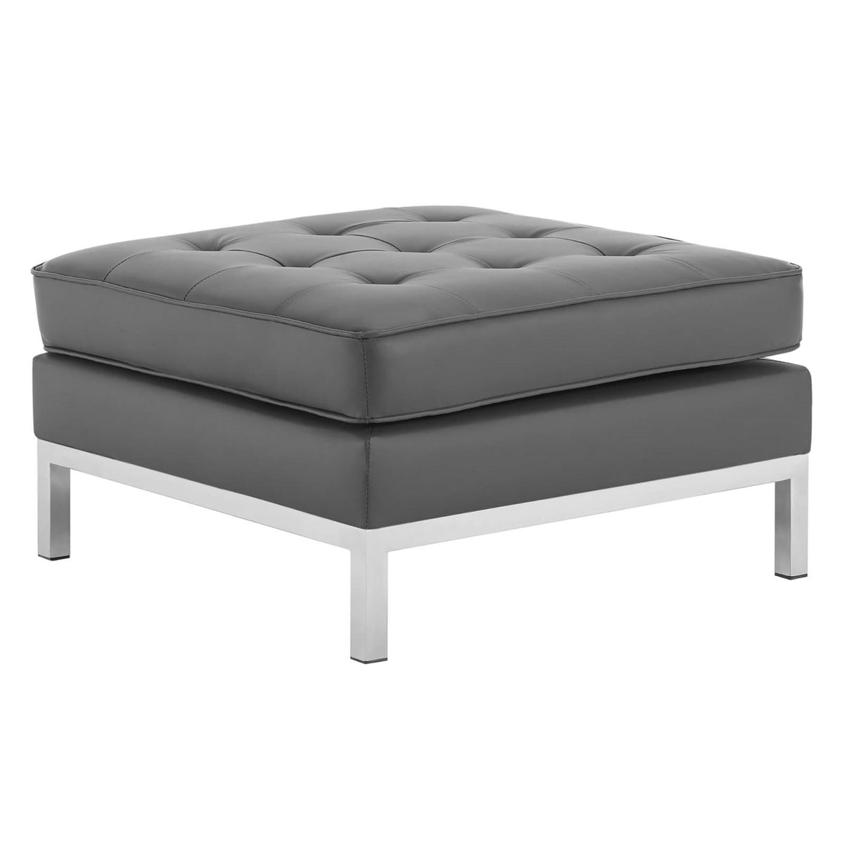 Loft Tufted Button Faux Leather Ottoman - Timeless Design, Luxurious Upholstery, Stainless Steel Frame, Silver Legs - 300 lb Wei