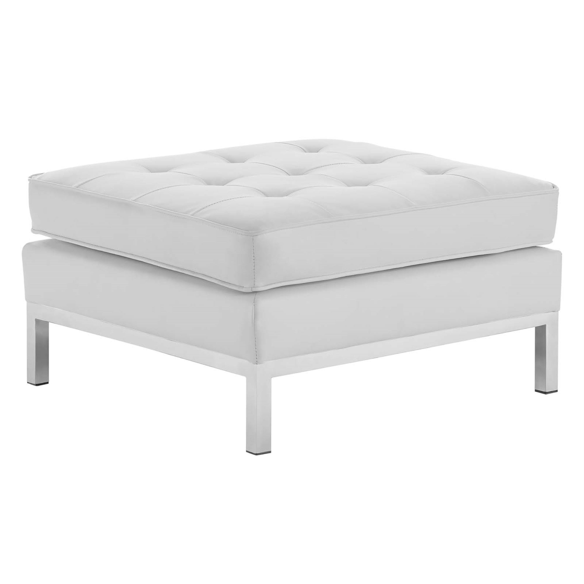 Loft Tufted Button Faux Leather Ottoman - Luxurious Upholstery, Sleek Design, Stainless Steel Frame, Non-Marking Foot Caps. Supp