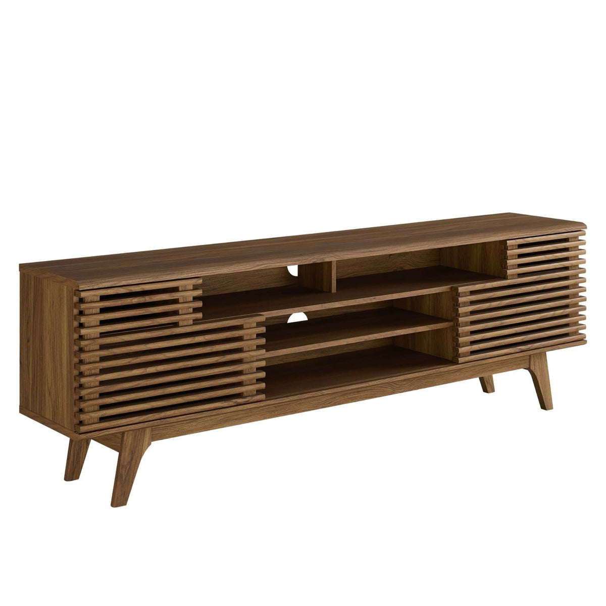 Render 71'' Media Console TV Stand - Mid-Century Modern Design, Wood Grain Laminate, Sliding Doors, Cable Management, Fits up to
