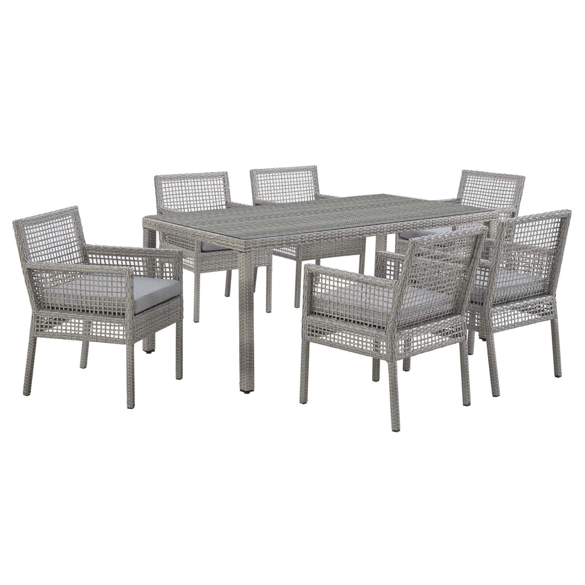 Aura Outdoor Patio Collection - 7 Piece Wicker Rattan Set | Gray-on-Gray Weave | Powder-Coated Aluminum Frame | Machine Washable