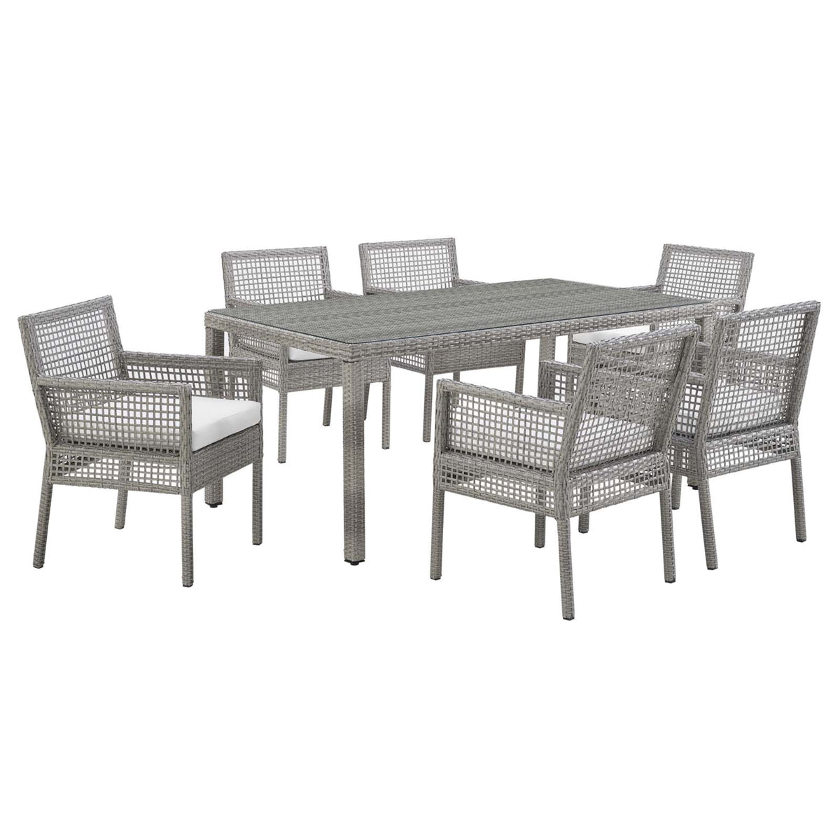Aura Outdoor Patio Collection - Gray-on-Gray Wicker Rattan Set with 68'' Table & 6 Armchairs. All-Weather Cushions, Non-Marking 