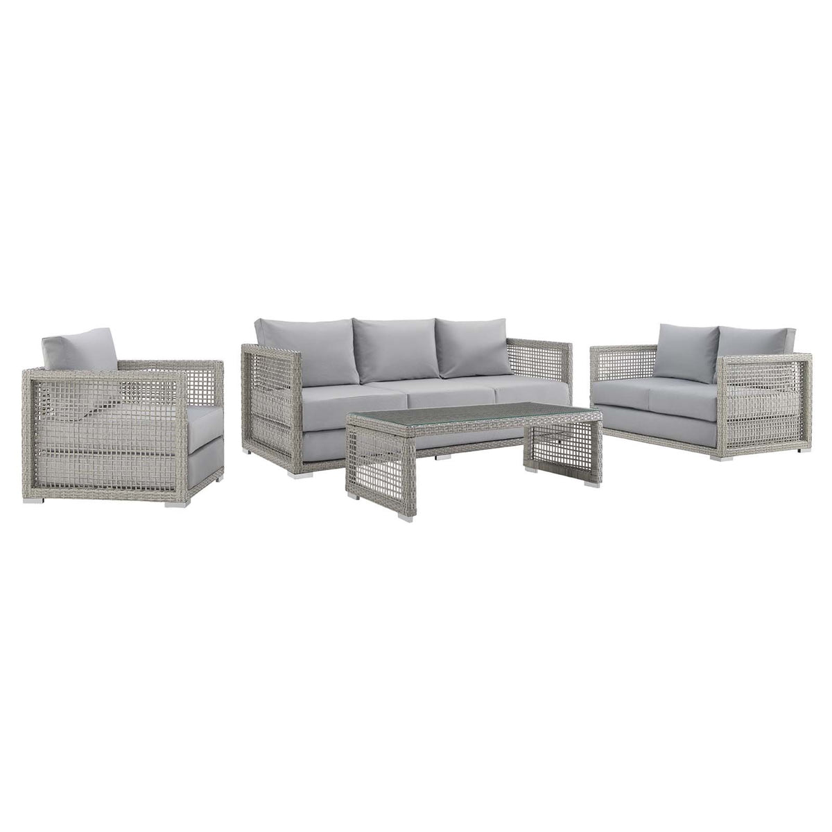 Aura Outdoor Patio Collection - Versatile & Stylish Gray Wicker Rattan Set with Aluminum Frame. Includes Armchair, Coffee Table,