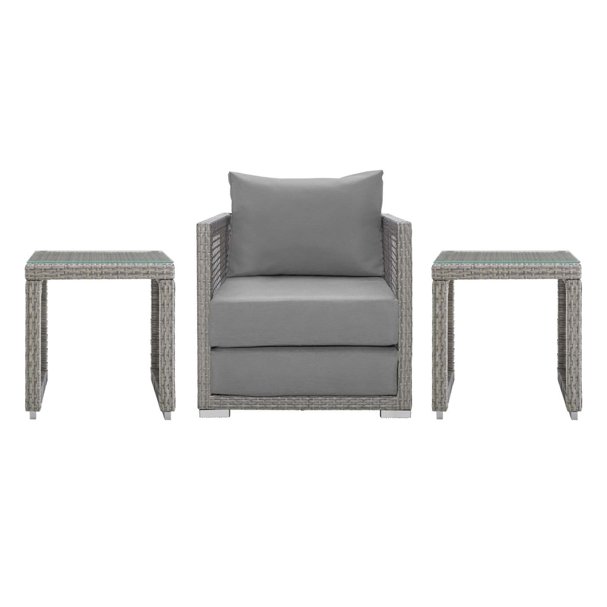 Aura Outdoor Patio Collection - Gray Gray Wicker Rattan Set with Armchair & Side Tables. All-Weather Fabric Cushions, Comfortabl