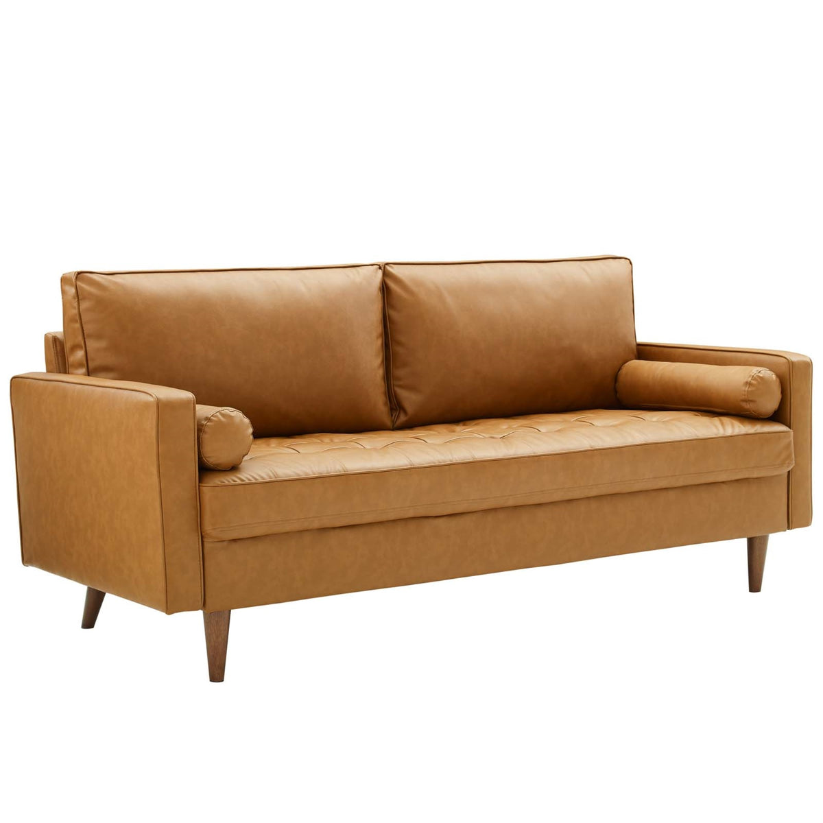 Valour Mid-Century Modern Tufted Sofa - Sleek Faux Leather, Walnut Legs, Bolster Pillows - Chic & Comfortable Addition to Your L