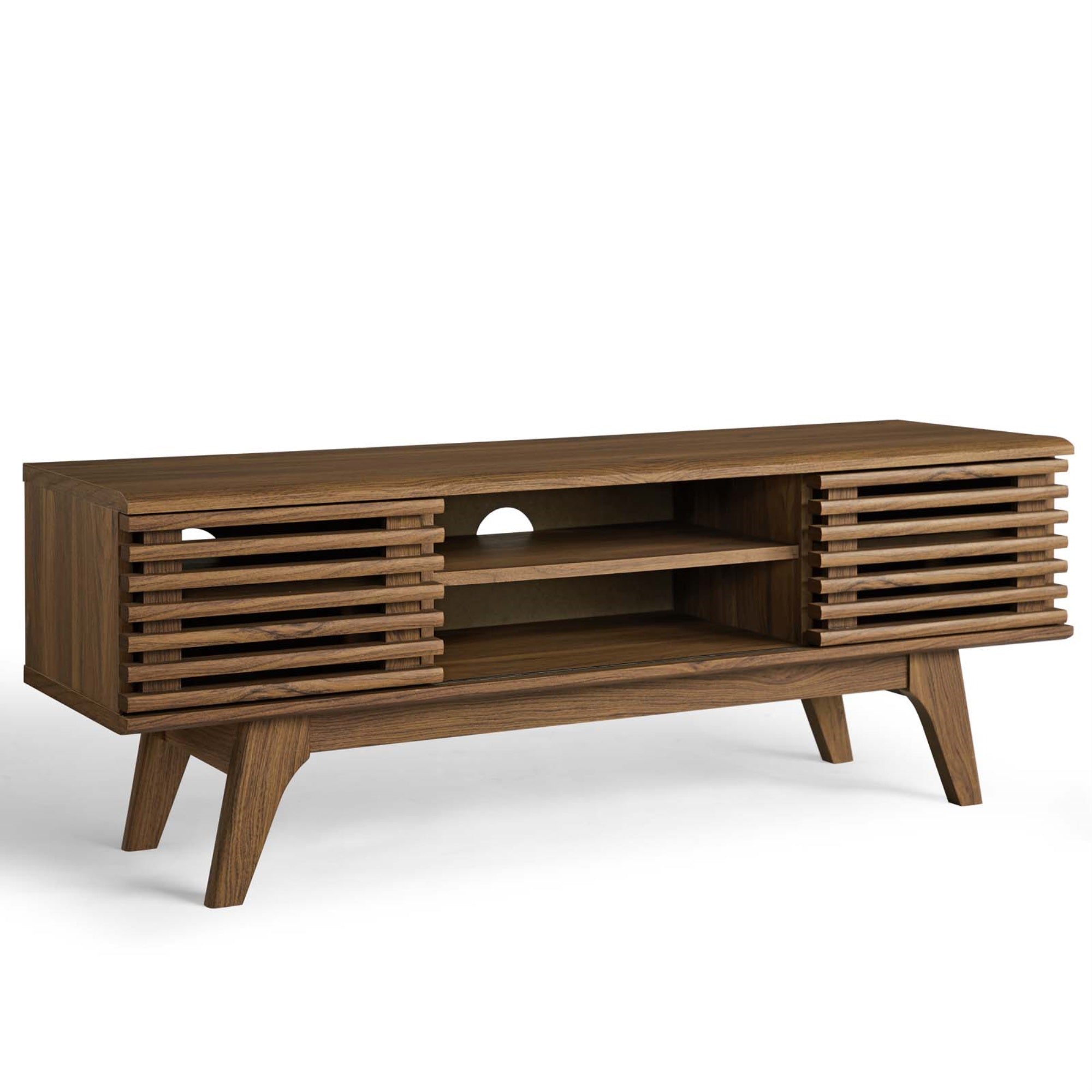 Render 46'' TV Stand - Mid-Century Modern Media Console with Adjustable Shelves, Sliding Doors, and Cable Management - Walnut