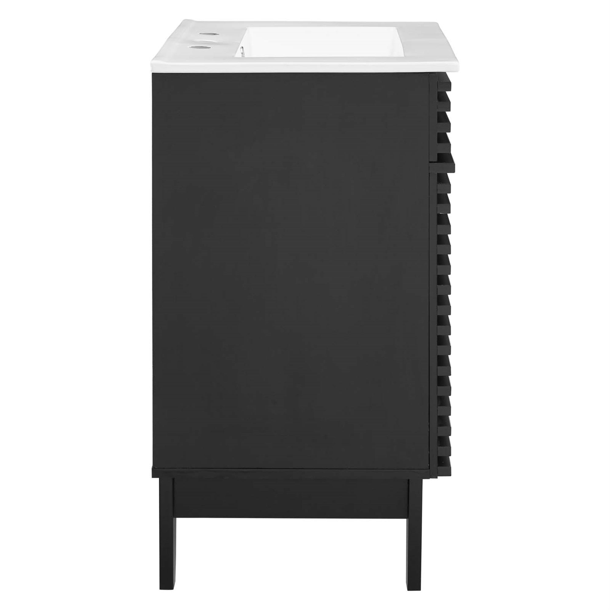 'Render Vanity - Walnut Grain Laminate, Adjustable Storage, Curved Basin, 3 Faucet Holes. Sturdy & Elegant. Assembly Required.'