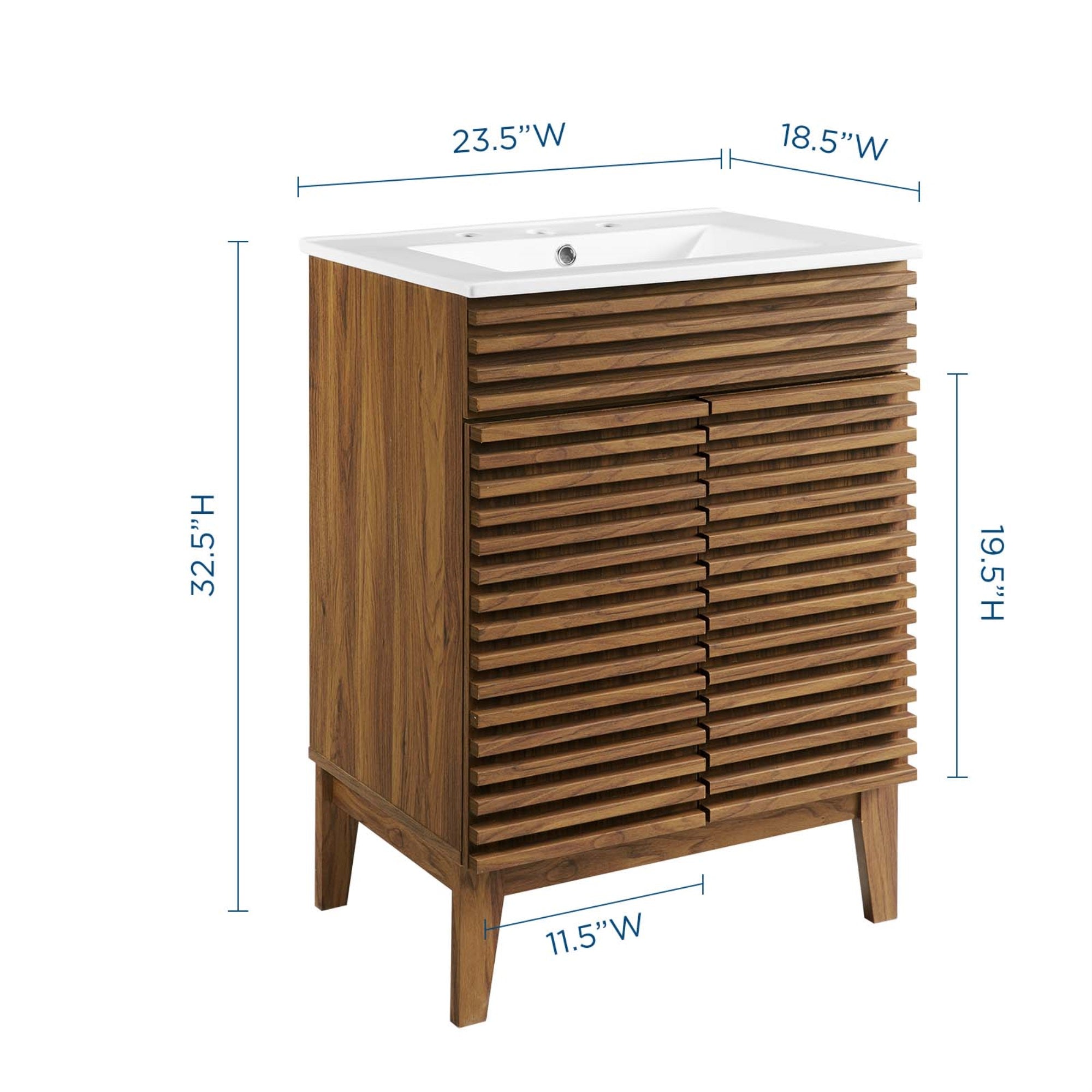 Mid-Century Modern Render Vanity with Walnut Grain Laminate, Adjustable Shelf, Soft-Close Doors, and Integrated Countertop - Ass