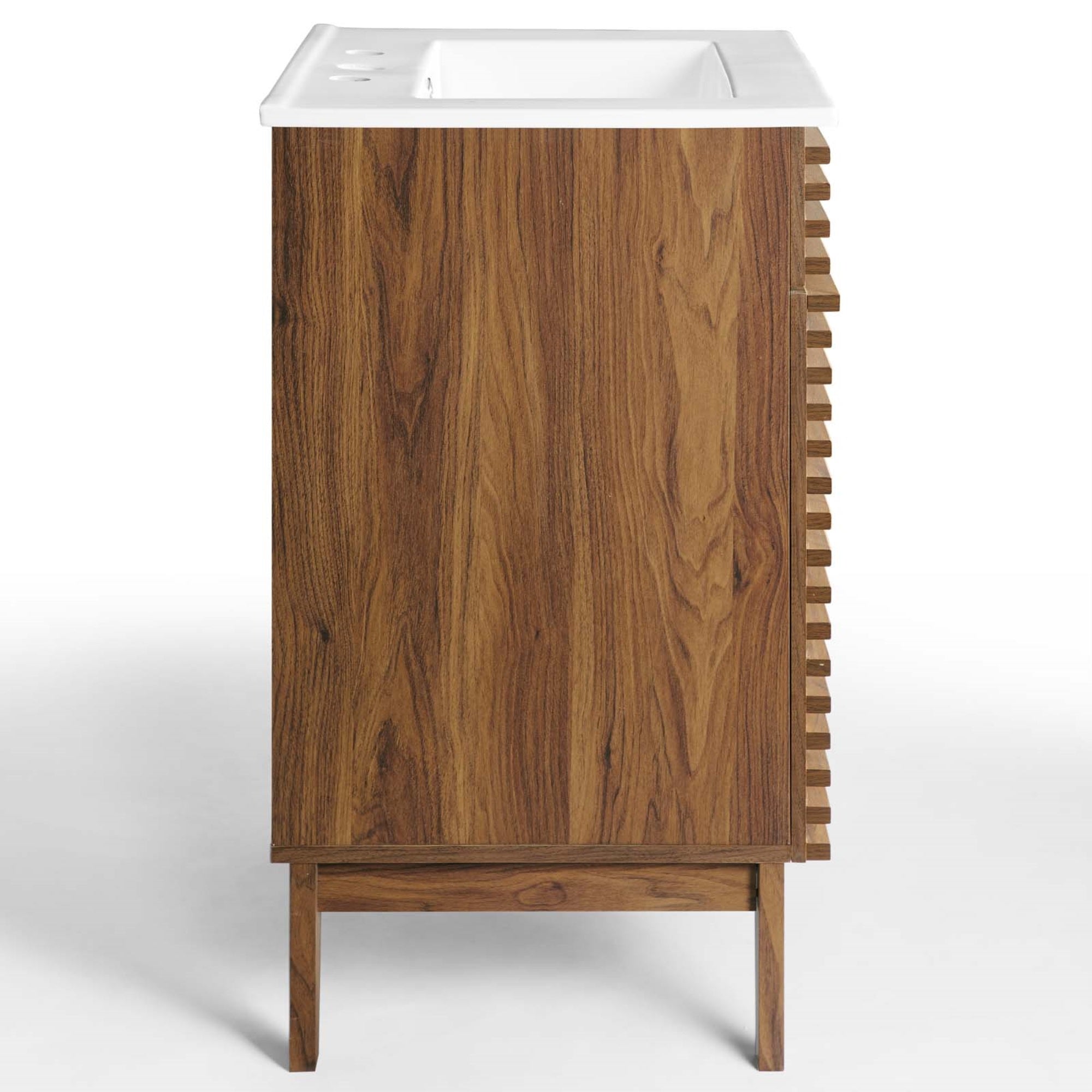 Mid-Century Modern Render Vanity with Walnut Grain Laminate, Adjustable Shelf, Soft-Close Doors, and Integrated Countertop - Ass