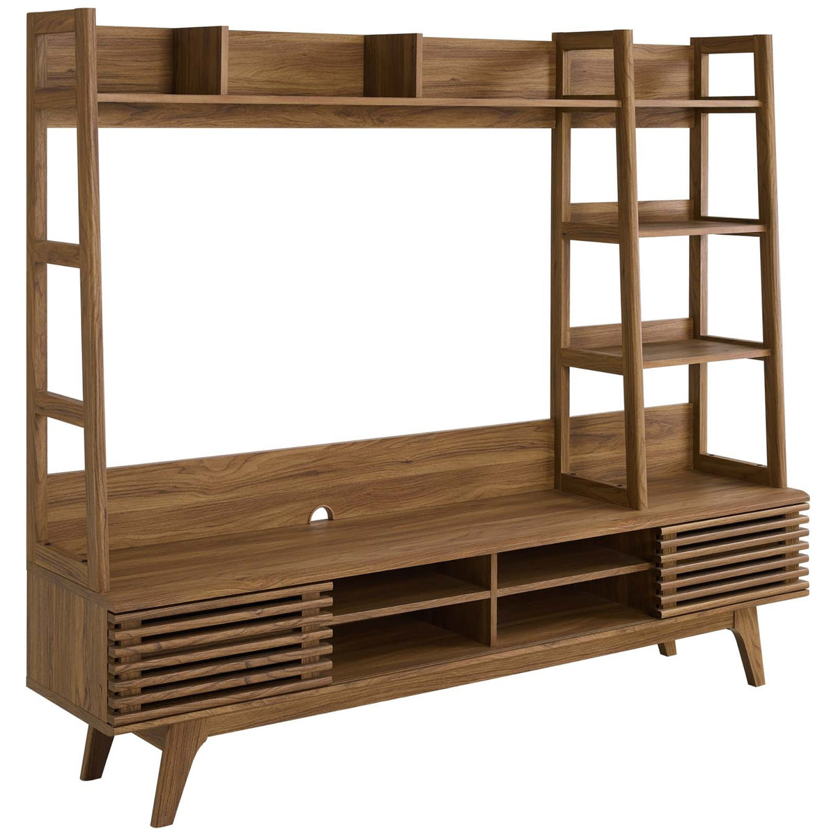 Mid-Century Modern Render TV Stand Entertainment Center - Walnut | Sleek Design, Ample Storage, Cable Management | Fits up to 50