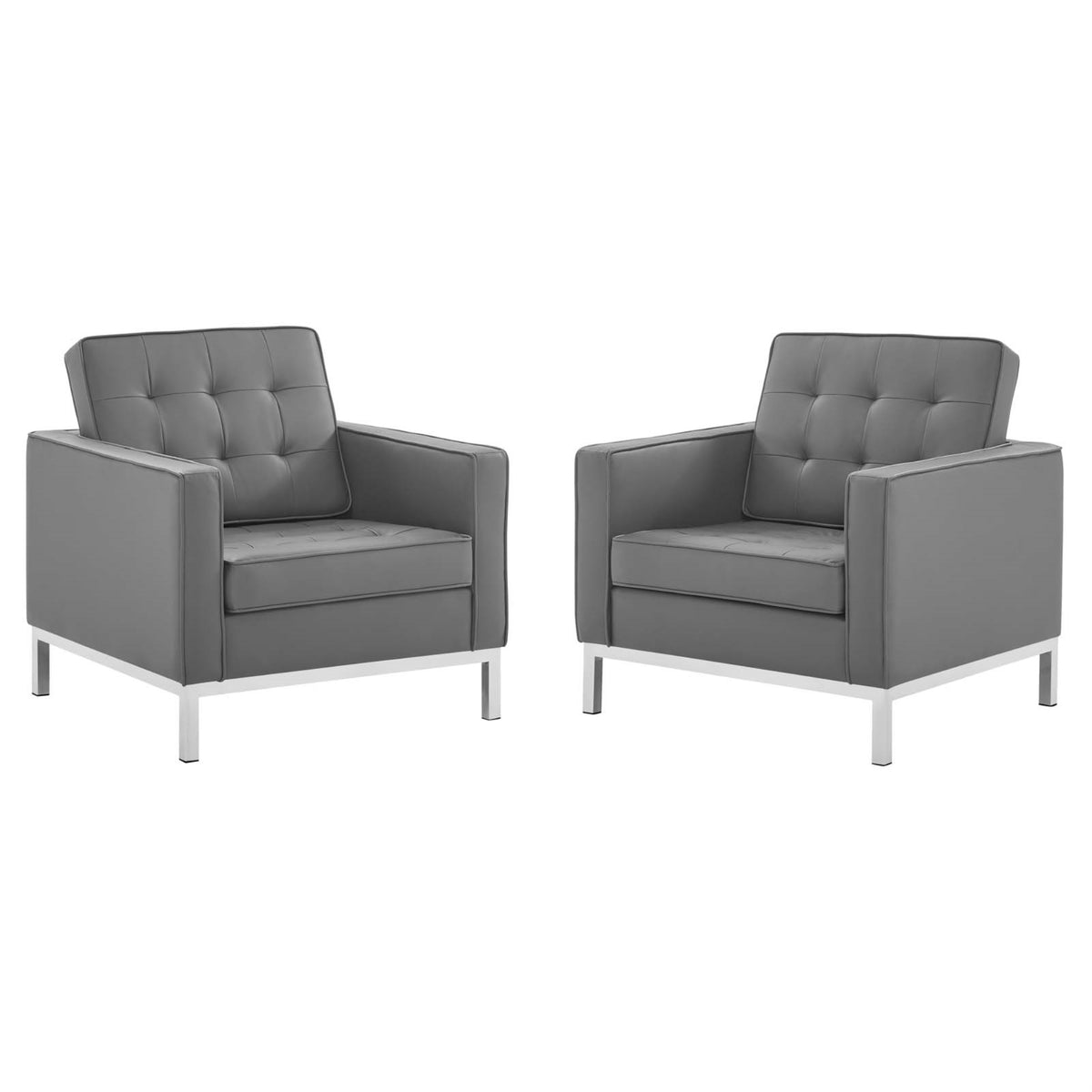 Loft Tufted Faux Leather Accent Armchair Set of 2 - Contemporary Design, Stainless Steel Frame, Silver Legs - Supports up to 300