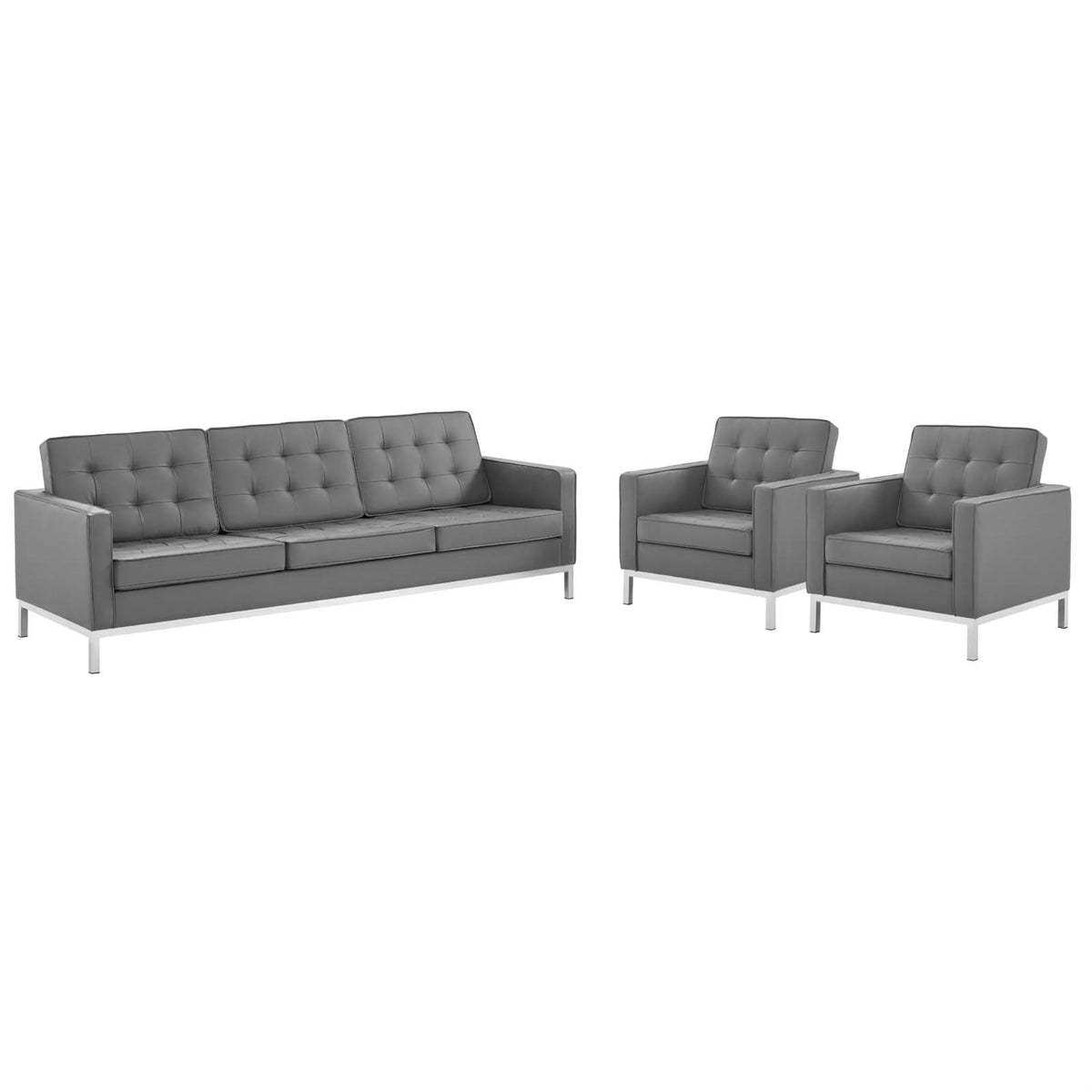 Loft 3 Piece Tufted Faux Leather Accent Set - Modern Design, Stainless Steel Frame, Silver Legs - Sofa & 2 Armchairs - 900 lbs S