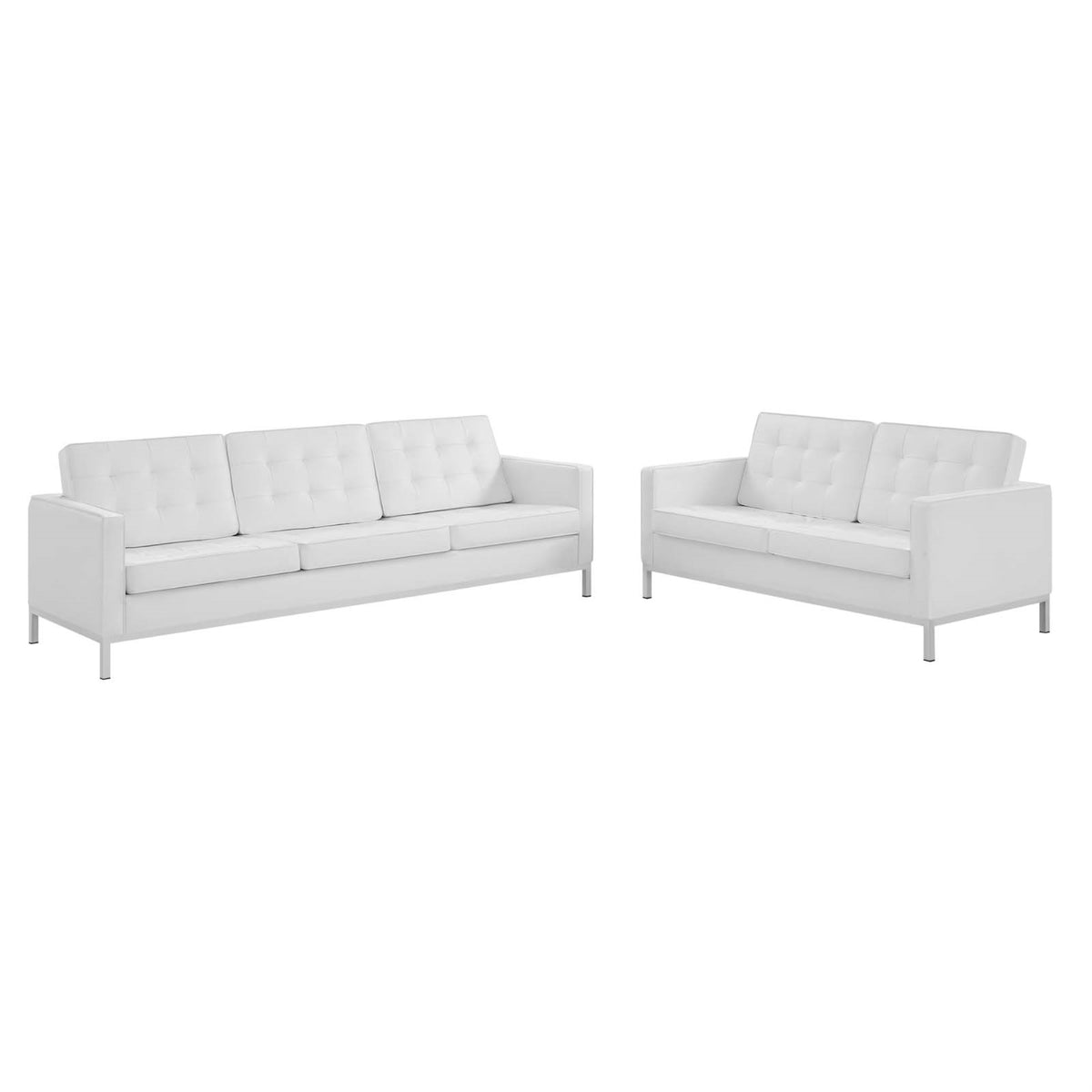 Loft Tufted 2 Piece Faux Leather Accent Set - Modern Design, Stainless Steel Frame, Silver Legs - Sofa & Loveseat Combo