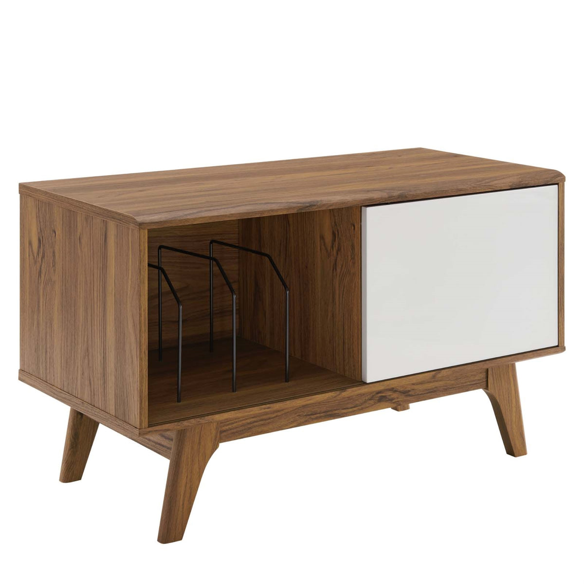 Envision Vinyl Record Display Stand - Walnut Grain Laminate Finish, Sliding White Door, Flared and Tapered Legs. Organize and sh
