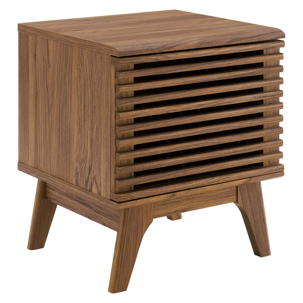 Mid-Century Style Render Vinyl Record Display Stand with Ample Storage Space - Walnut Grain Laminate, Metal Dividers, Tapered Wo
