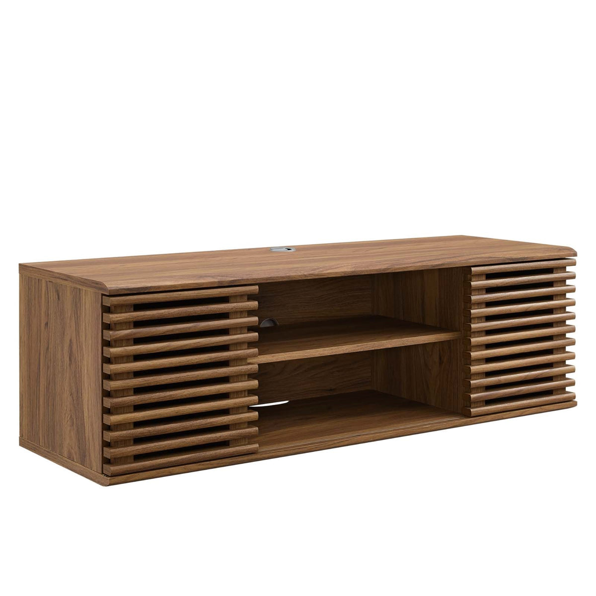 Render 46'' Wall-Mount TV Stand - Stylish Mid-Century Design, Durable Walnut Grain Laminate, Adjustable Shelf, Cable Management,
