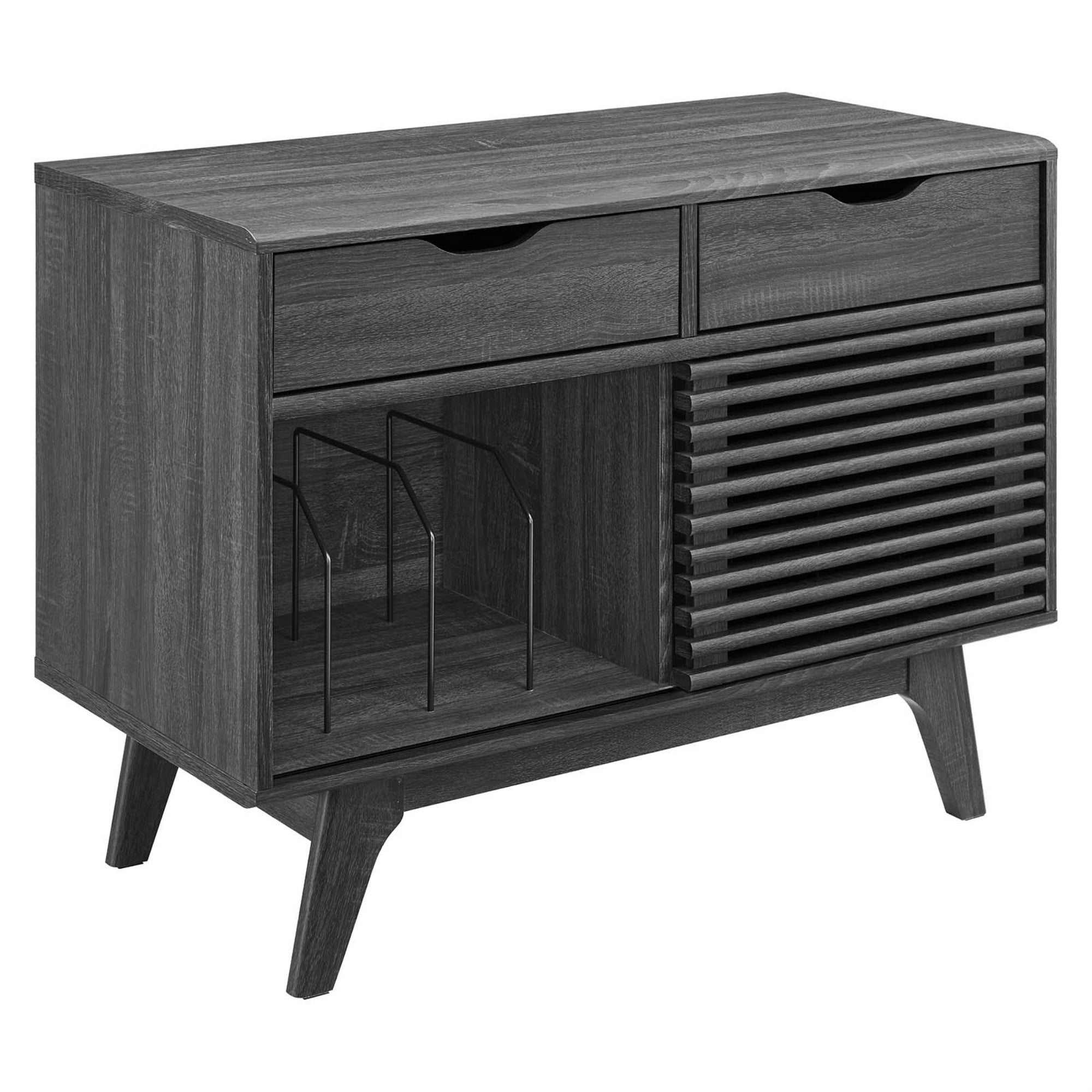 Ergode Vinyl Record Display Stand - Timeless Design, Ample Storage, Walnut Grain Laminate, Sliding Door & Drawers. Organize Your