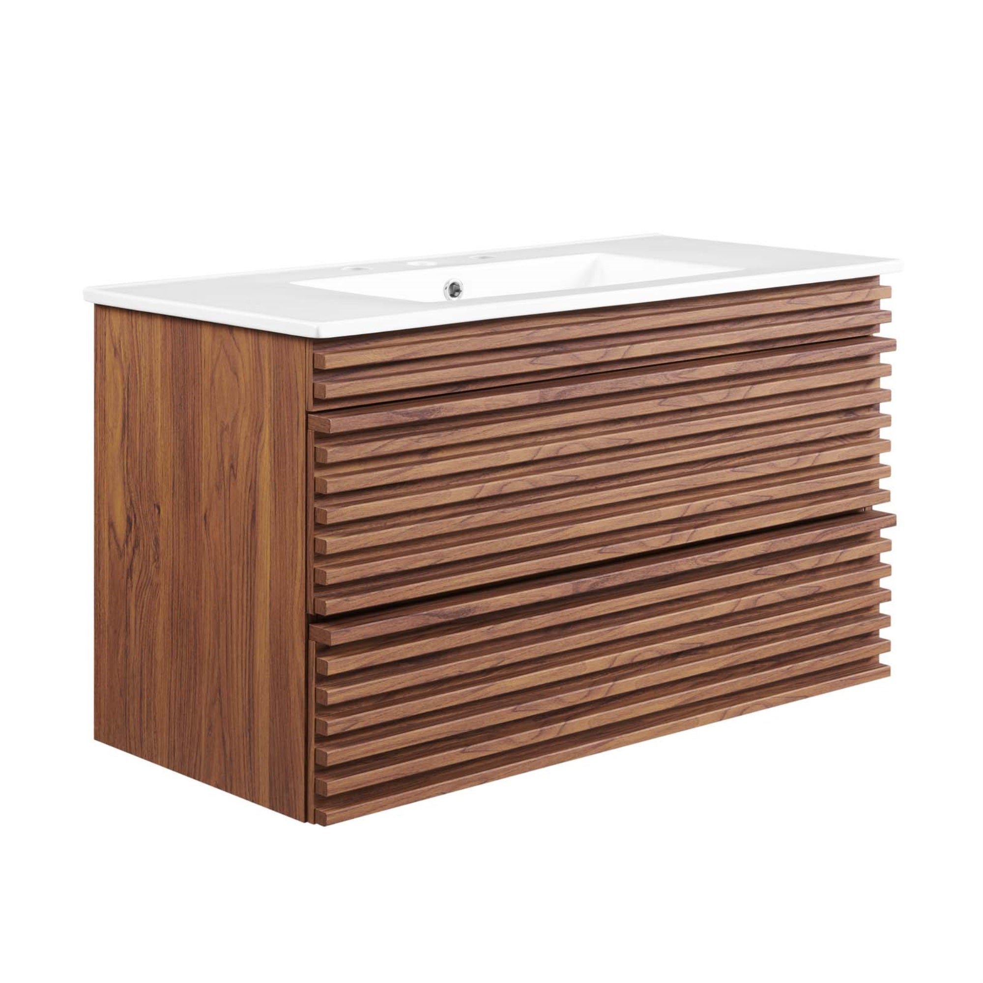 Render 36'' Wall-Mount Bathroom Vanity - Retro Modern Design, Ample Storage, Ceramic Sink, Walnut Grain Laminate, Durable Constr