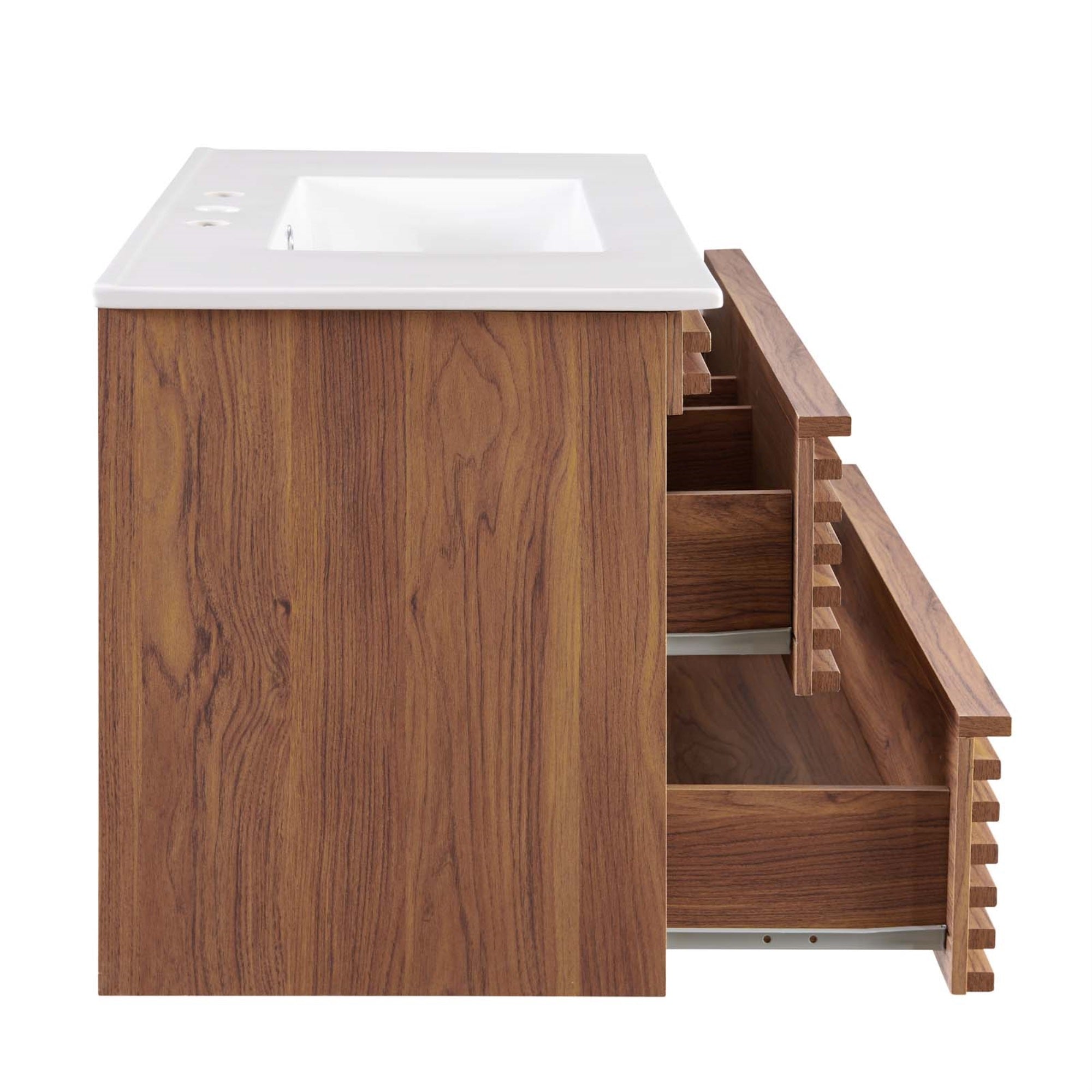 Render 36'' Wall-Mount Bathroom Vanity - Retro Modern Design, Ample Storage, Ceramic Sink, Walnut Grain Laminate, Durable Constr
