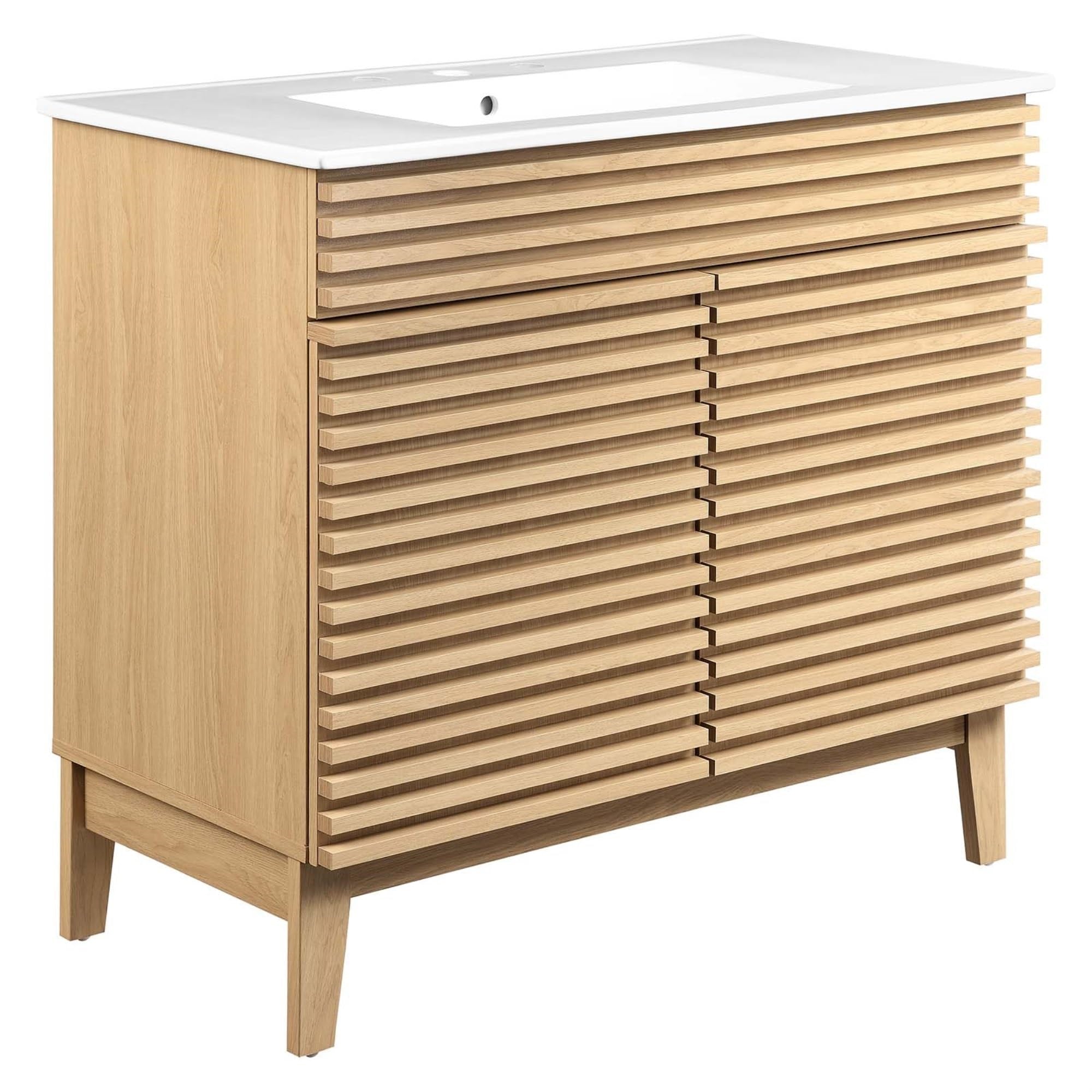 Yardlio 36'' Mid-Century Modern Bathroom Vanity with Walnut Laminate and Ample Storage