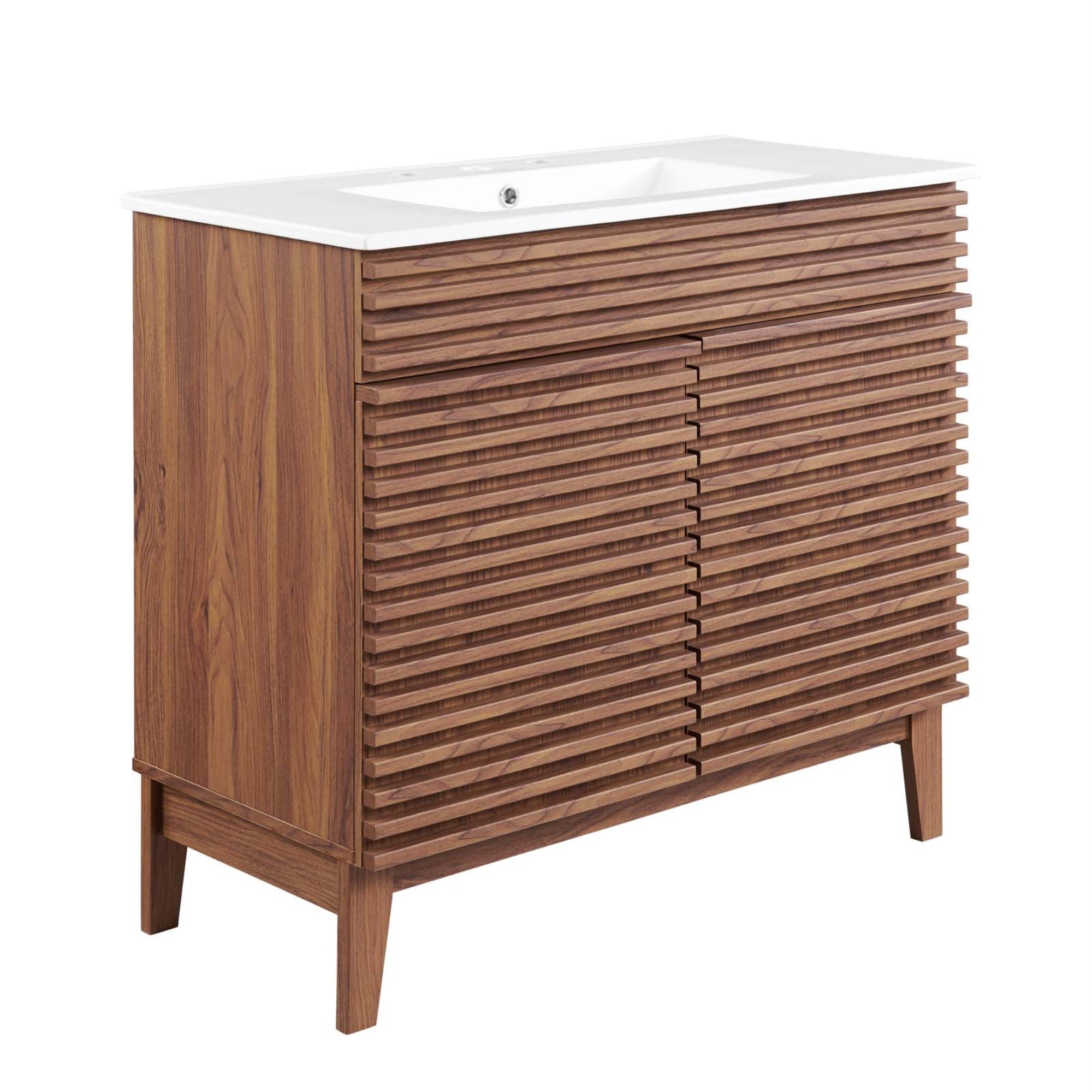 Render 36'' Bathroom Vanity - Mid-Century Modern Design, Walnut Grain Finish, Ample Storage Space, Ceramic Sink, Easy Assembly.
