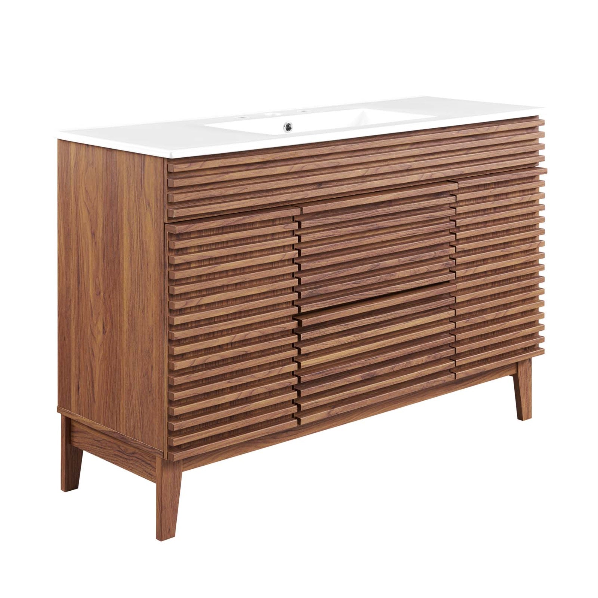 Render 48'' Mid-Century Bathroom Vanity - Walnut Grain Laminate, Ample Storage, Ceramic Single Sink, Retro Modern Design