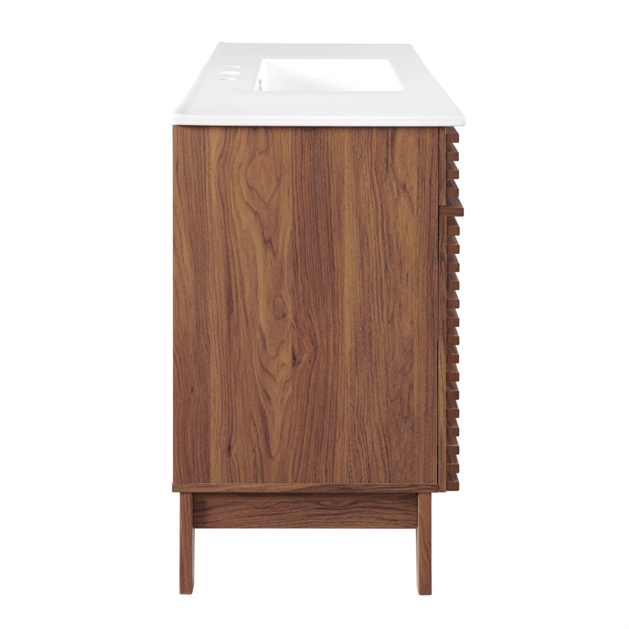 Render 48'' Mid-Century Bathroom Vanity - Walnut Grain Laminate, Ample Storage, Ceramic Single Sink, Retro Modern Design